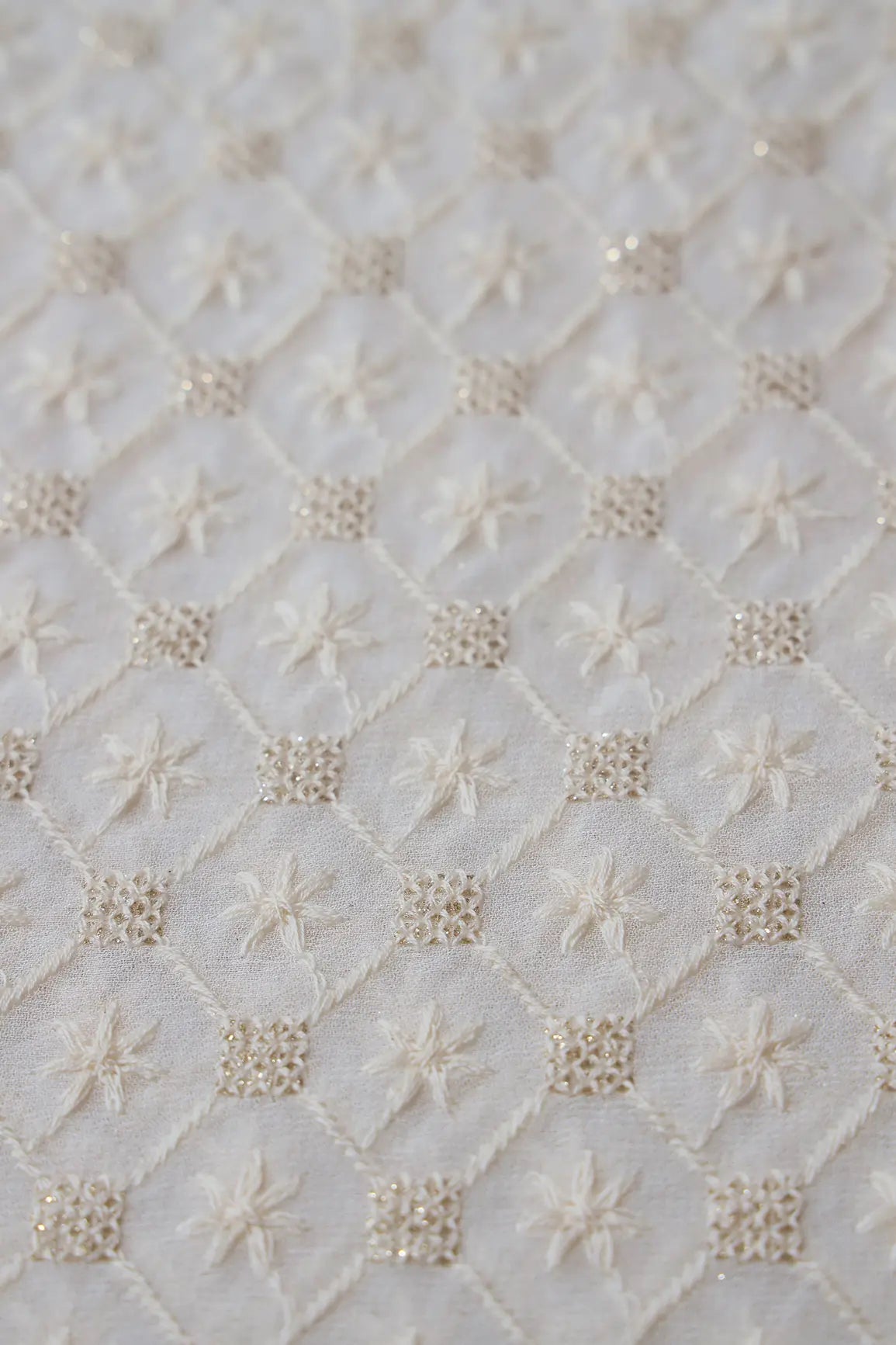 White Thread With Gold Glitter Sequins Checks Lucknowi Embroidery On Dyeable Viscose Georgette Fabric