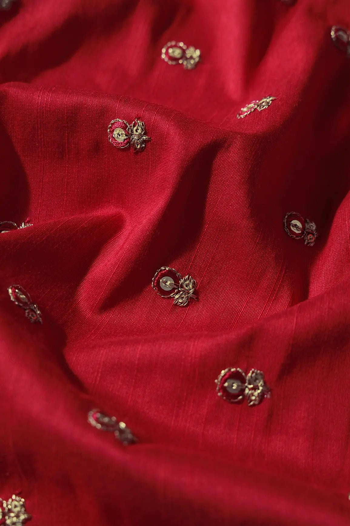 Red Thread With Gold Sequins Small Floral Booti Embroidery On Red Raw Silk Fabric