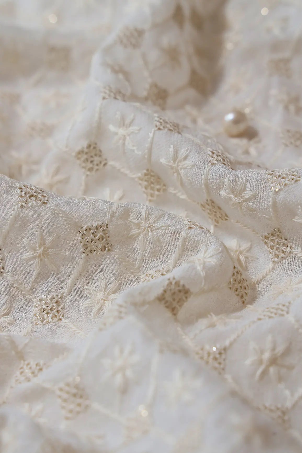 White Thread With Gold Glitter Sequins Checks Lucknowi Embroidery On Dyeable Viscose Georgette Fabric