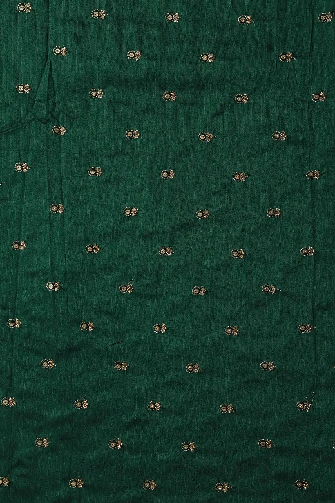 Green Thread With Gold Sequins Small Floral Booti Embroidery On Bottle Green Raw Silk Fabric