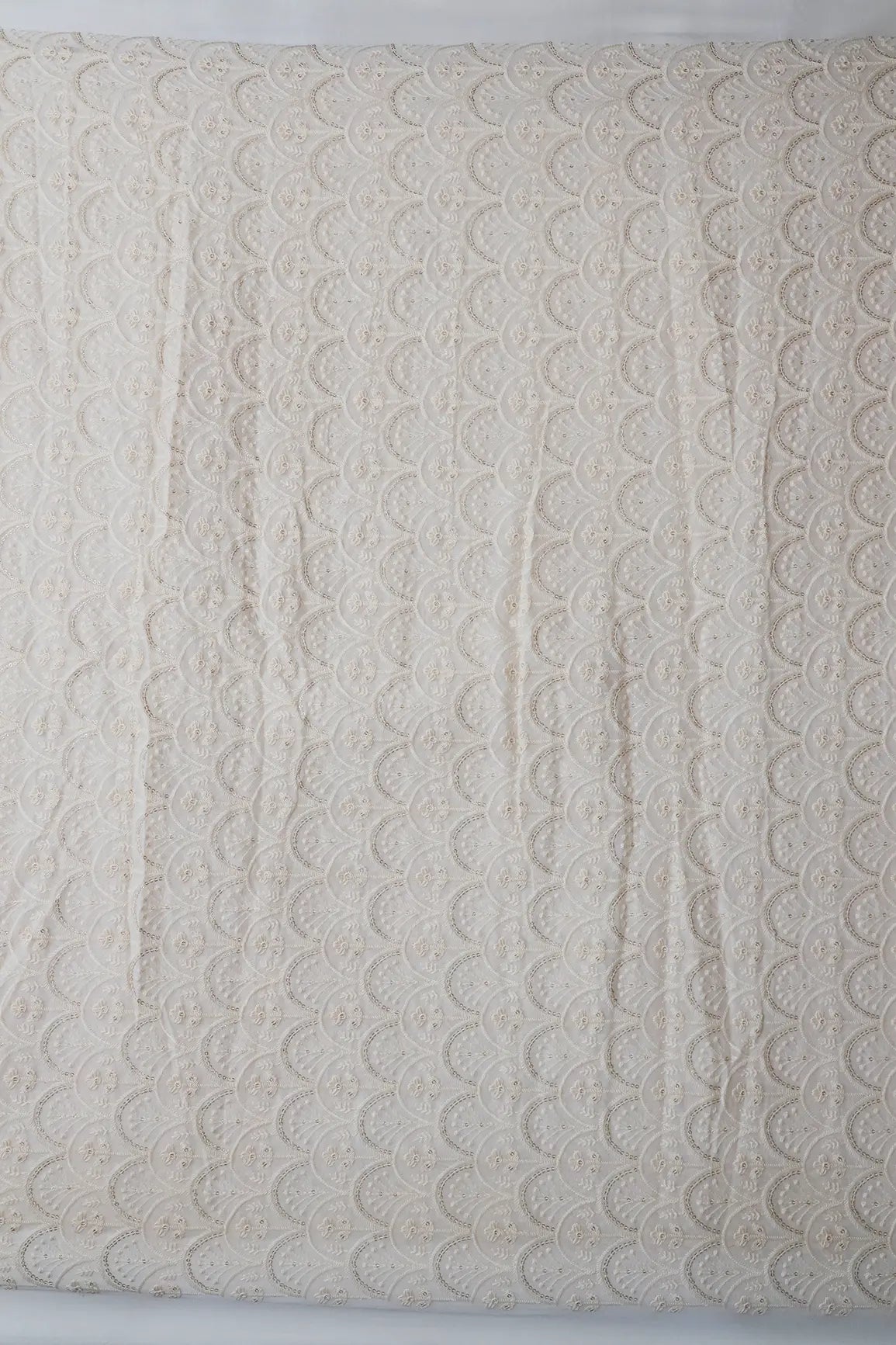 White Thread With Gold Glitter Sequins Trellis Lucknowi Embroidery On Dyeable Viscose Georgette Fabric