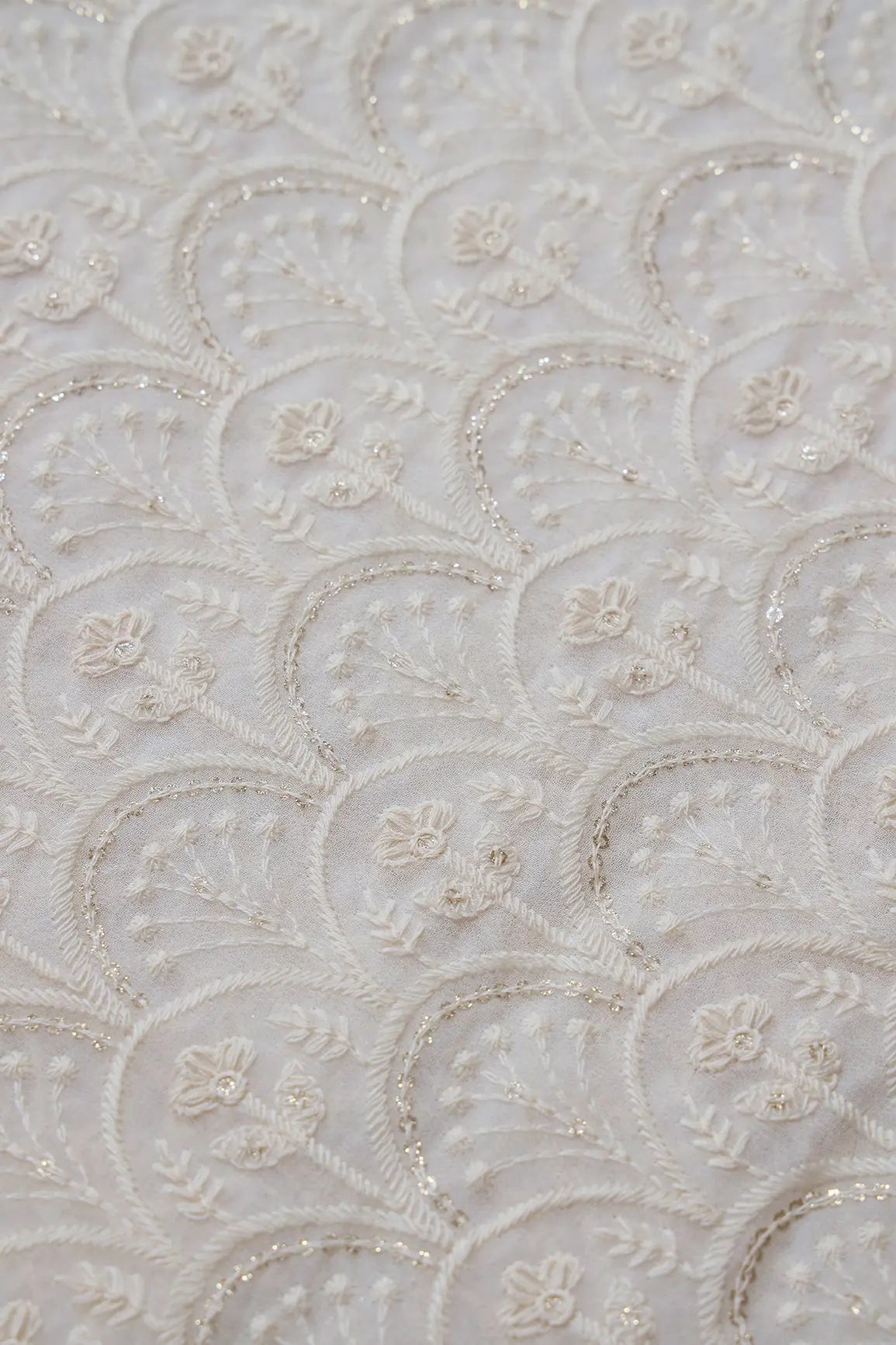 White Thread With Gold Glitter Sequins Trellis Lucknowi Embroidery On Dyeable Viscose Georgette Fabric