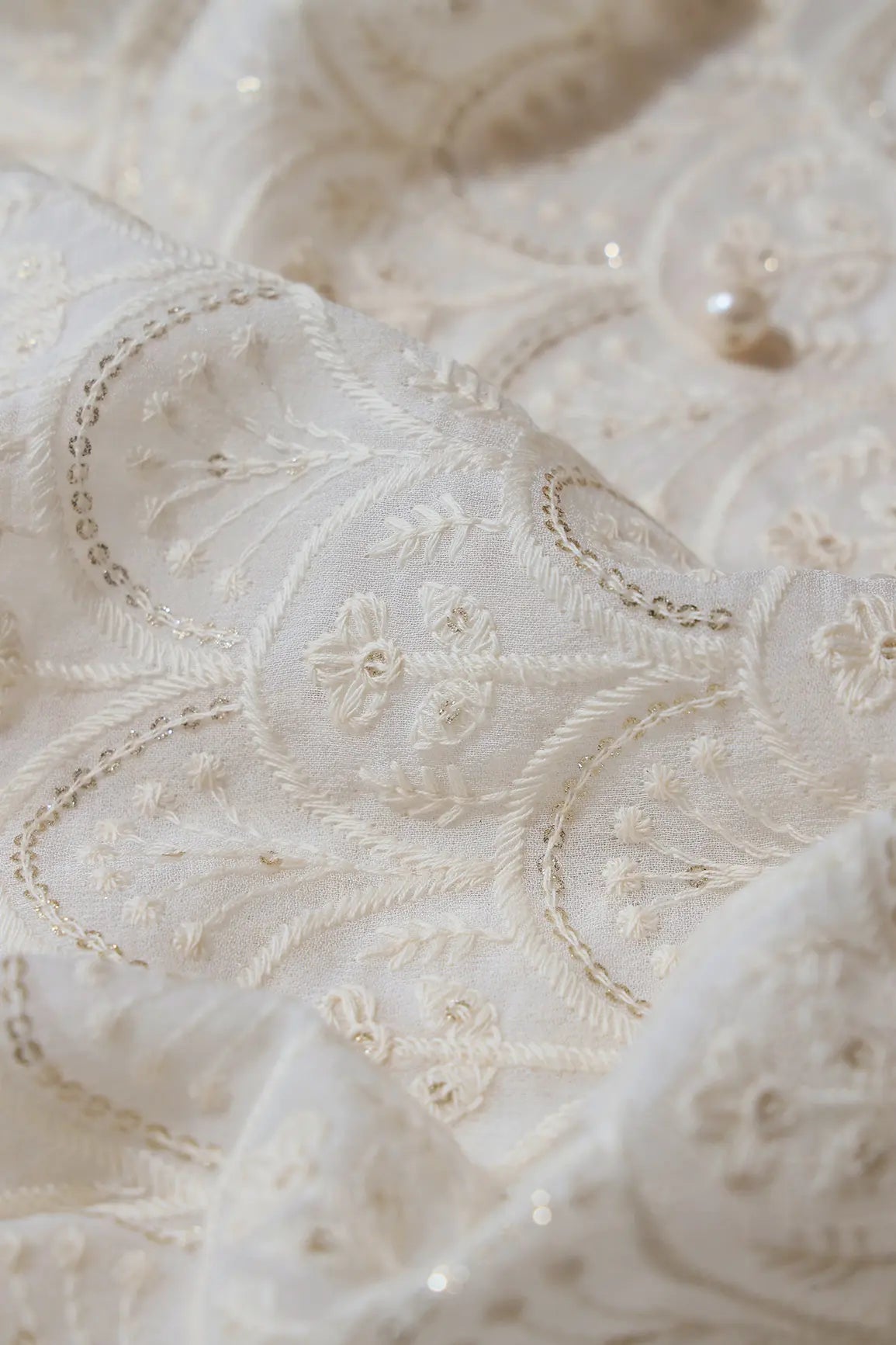 White Thread With Gold Glitter Sequins Trellis Lucknowi Embroidery On Dyeable Viscose Georgette Fabric