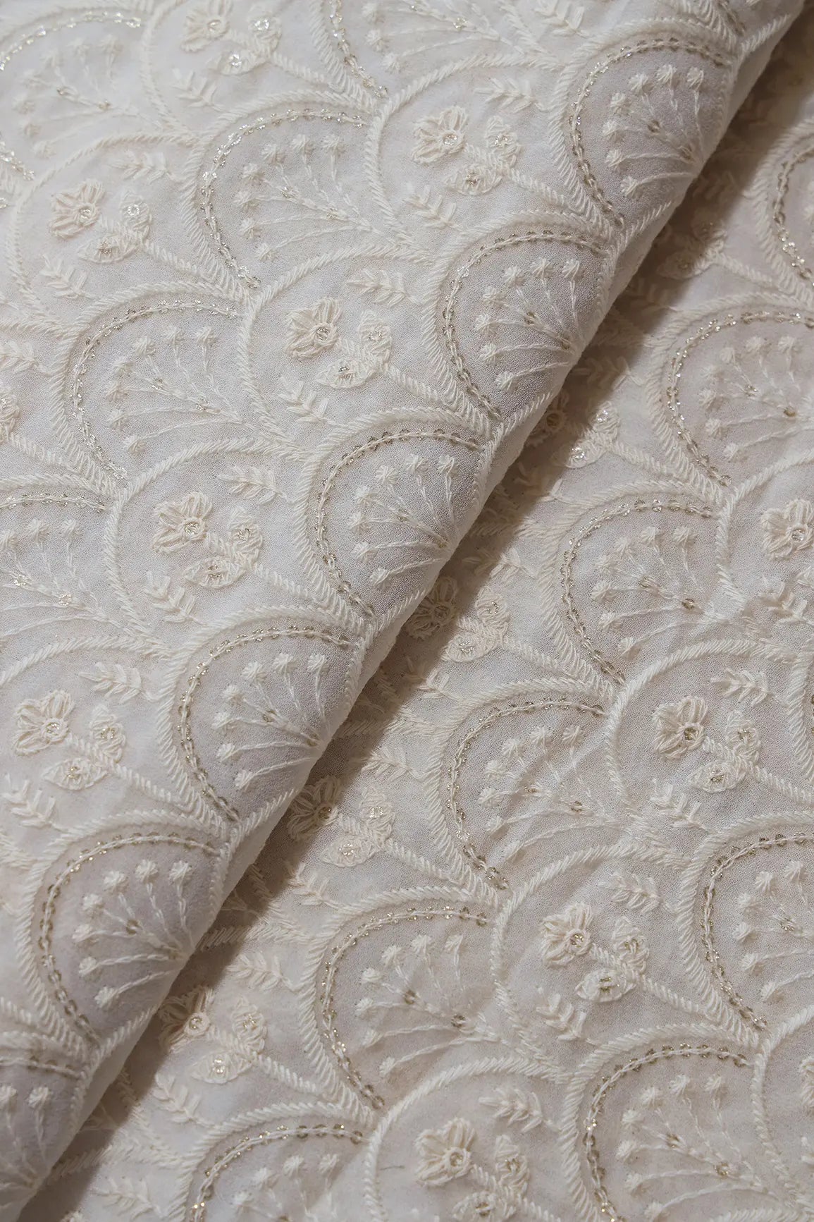 White Thread With Gold Glitter Sequins Trellis Lucknowi Embroidery On Dyeable Viscose Georgette Fabric