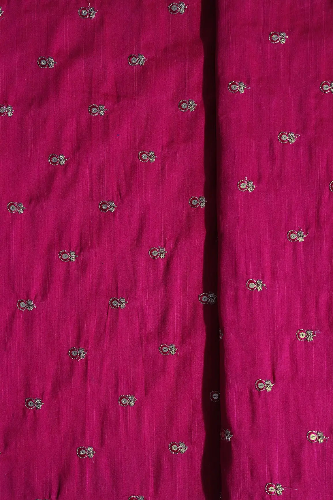 Rani Thread With Gold Sequins Small Floral Booti Embroidery On Rani Raw Silk Fabric