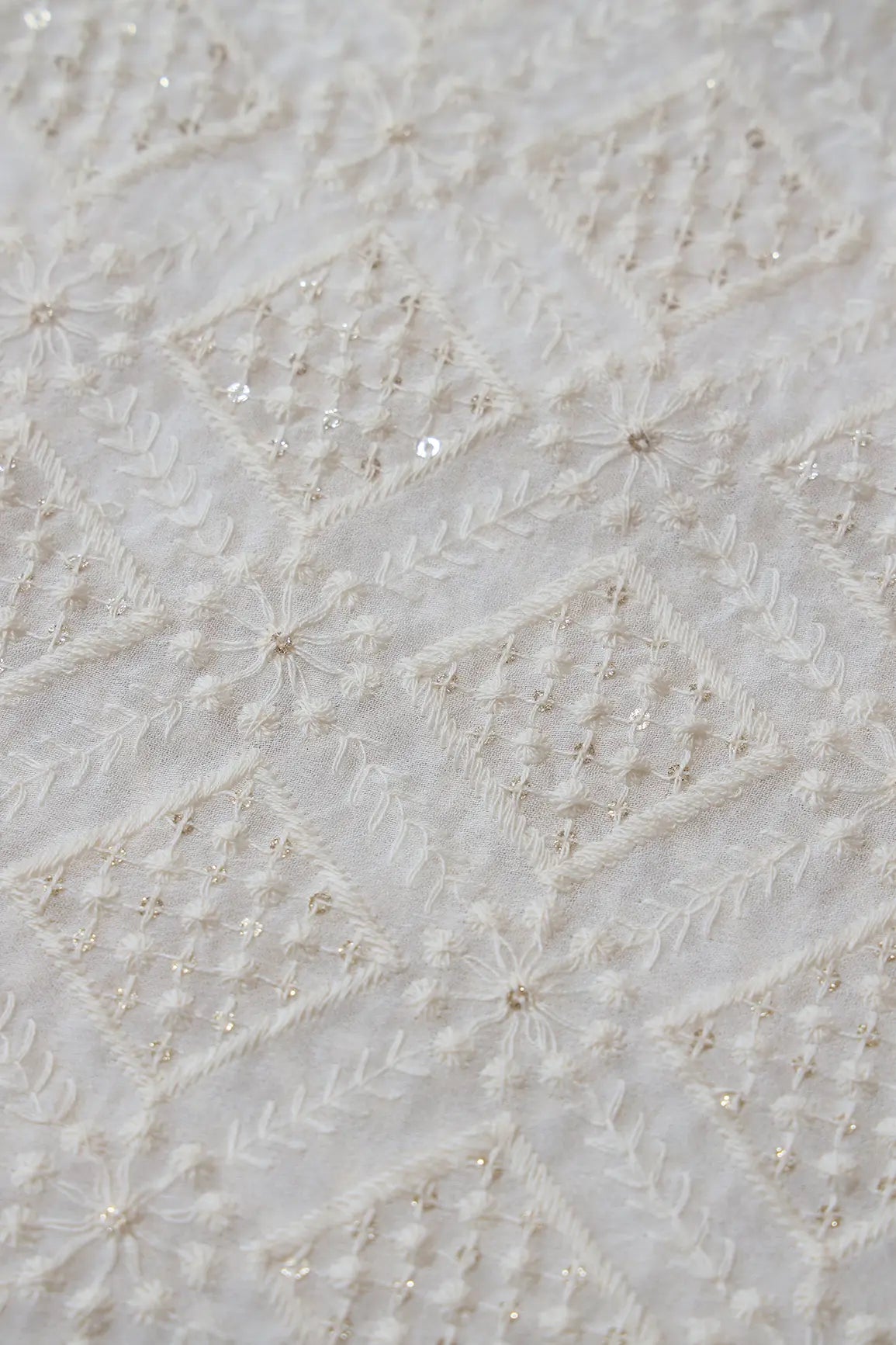 White Thread With Gold Glitter Sequins Checks Lucknowi Embroidery On Dyeable Viscose Georgette Fabric