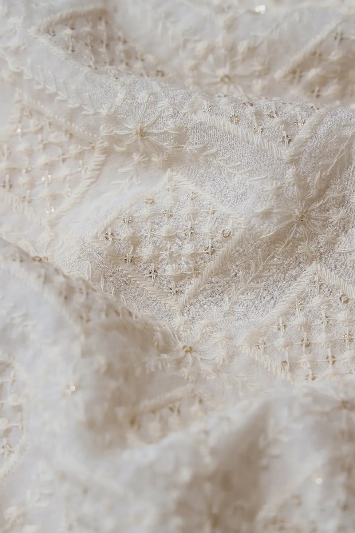 White Thread With Gold Glitter Sequins Checks Lucknowi Embroidery On Dyeable Viscose Georgette Fabric