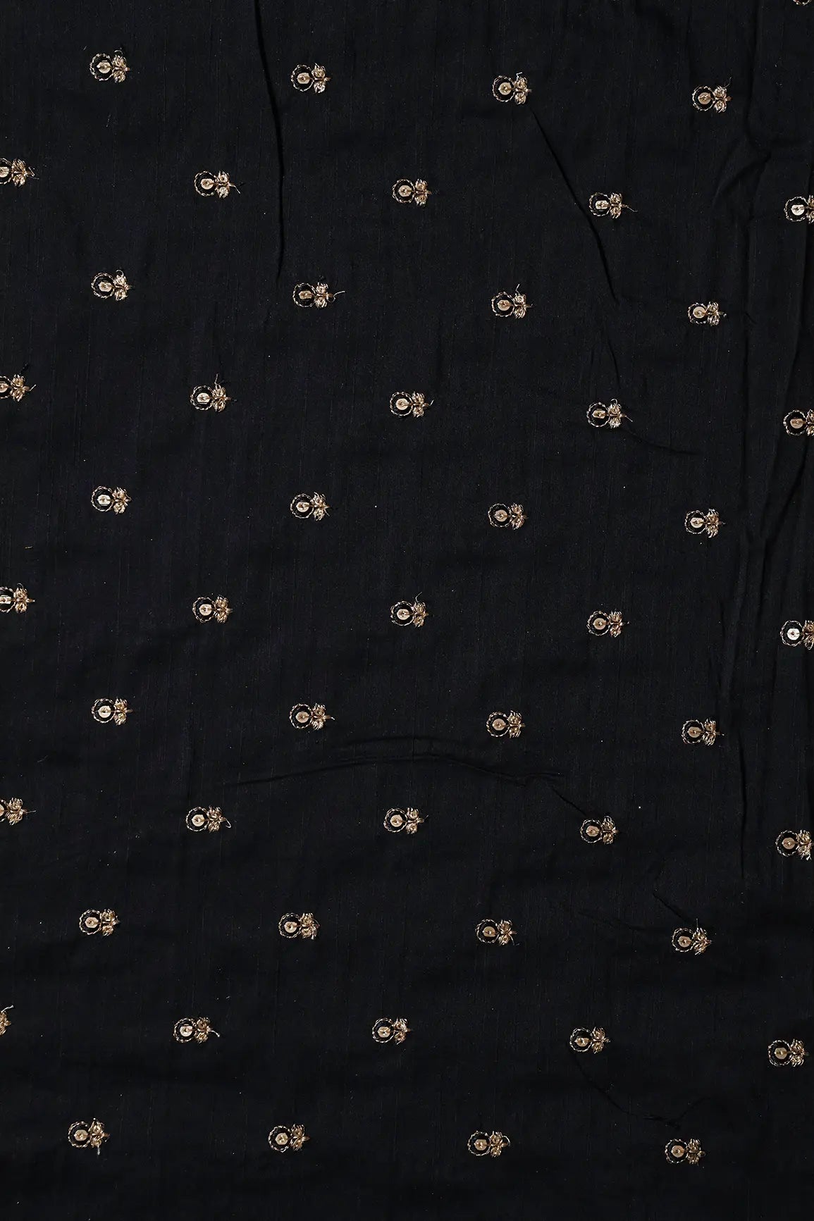 Black Thread With Gold Sequins Small Floral Booti Embroidery On Black Raw Silk Fabric