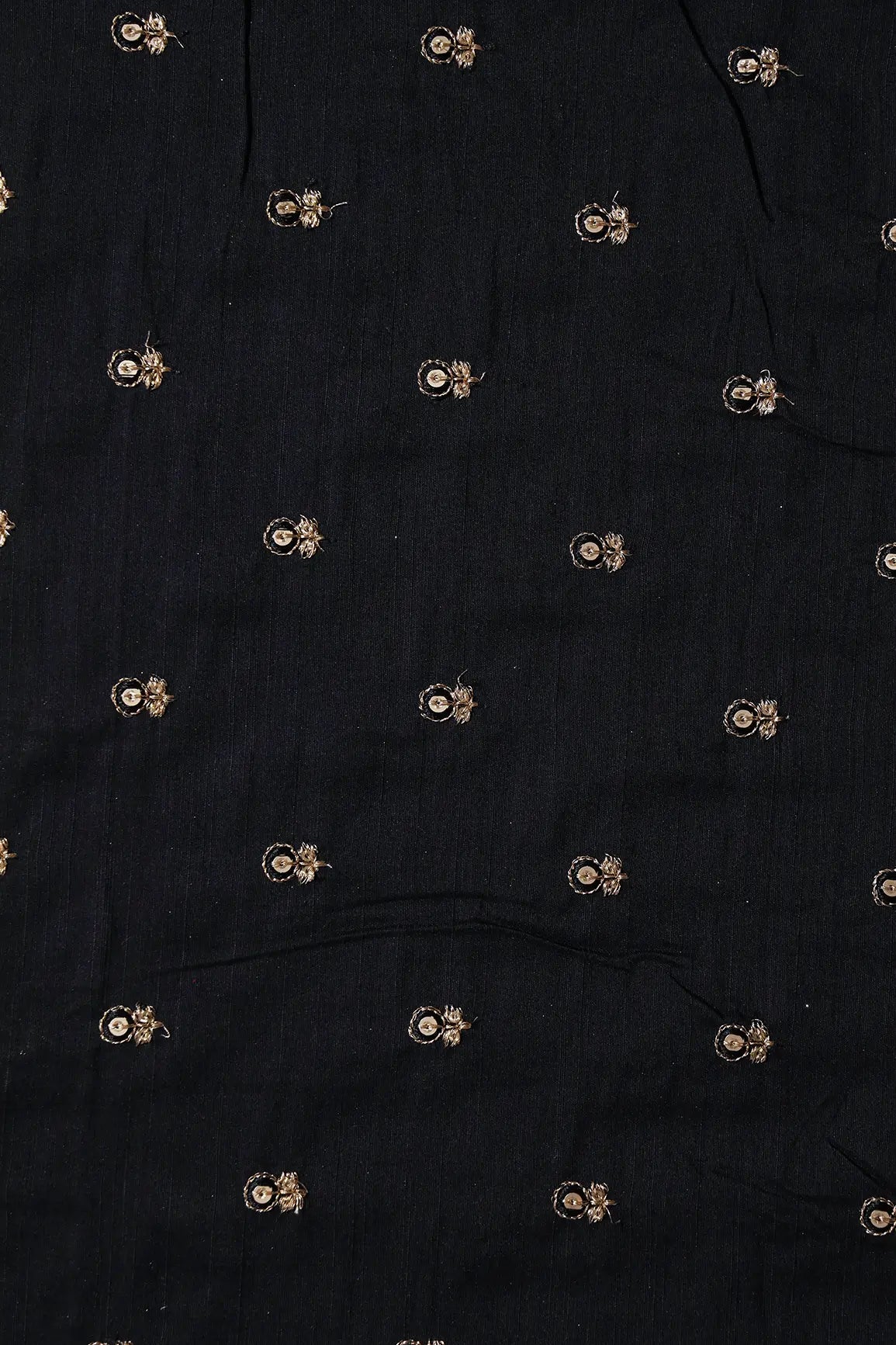 Black Thread With Gold Sequins Small Floral Booti Embroidery On Black Raw Silk Fabric