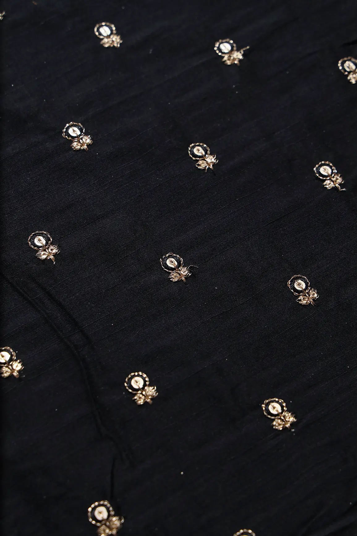 Black Thread With Gold Sequins Small Floral Booti Embroidery On Black Raw Silk Fabric