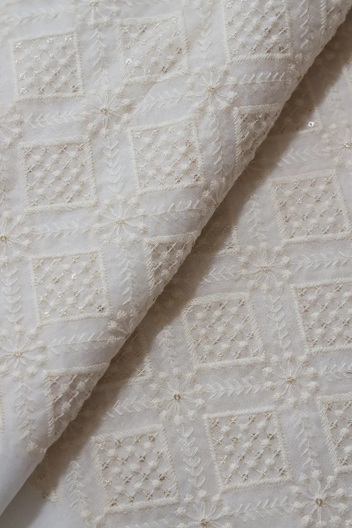 White Thread With Gold Glitter Sequins Checks Lucknowi Embroidery On Dyeable Viscose Georgette Fabric