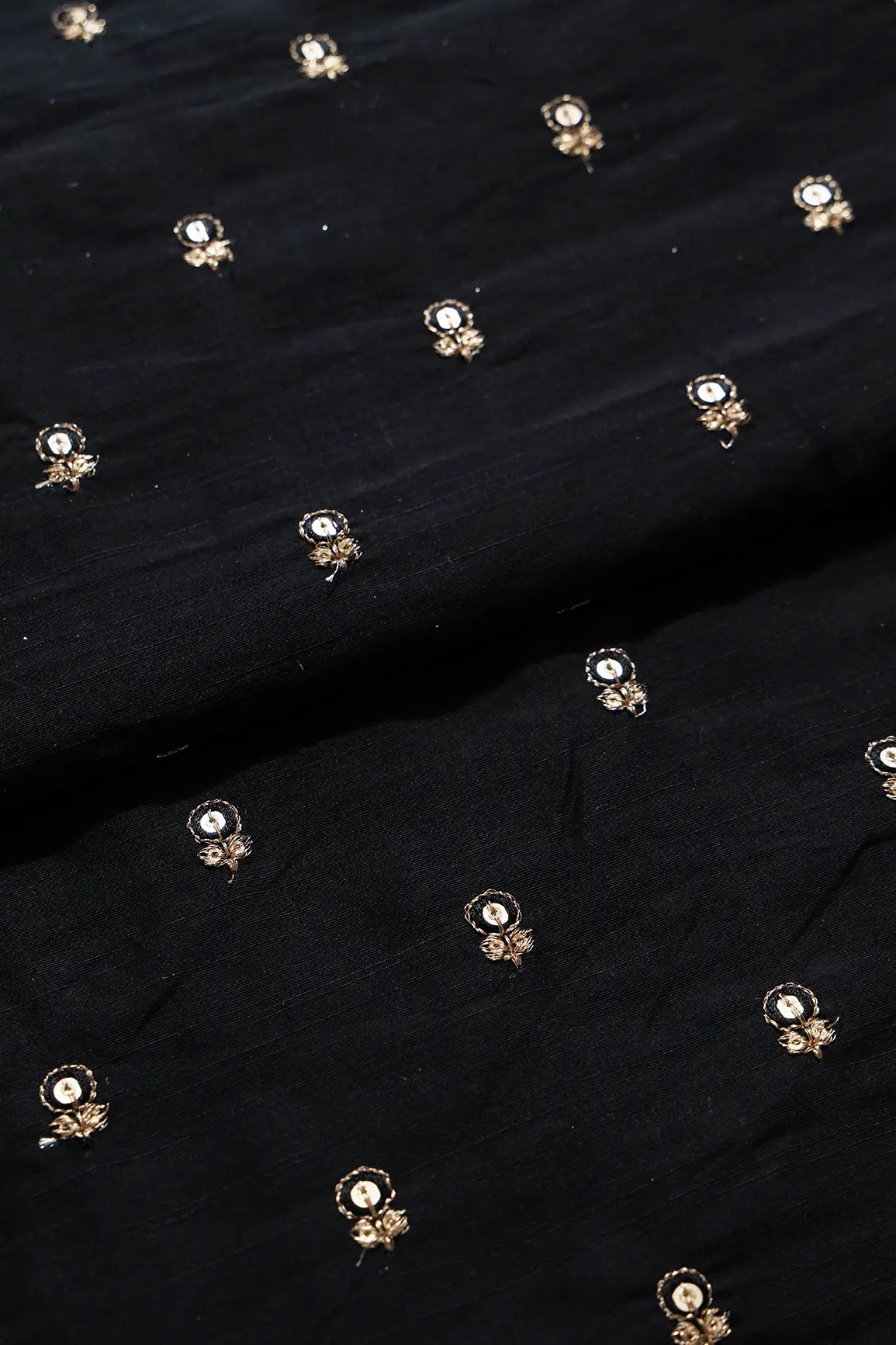 Black Thread With Gold Sequins Small Floral Booti Embroidery On Black Raw Silk Fabric