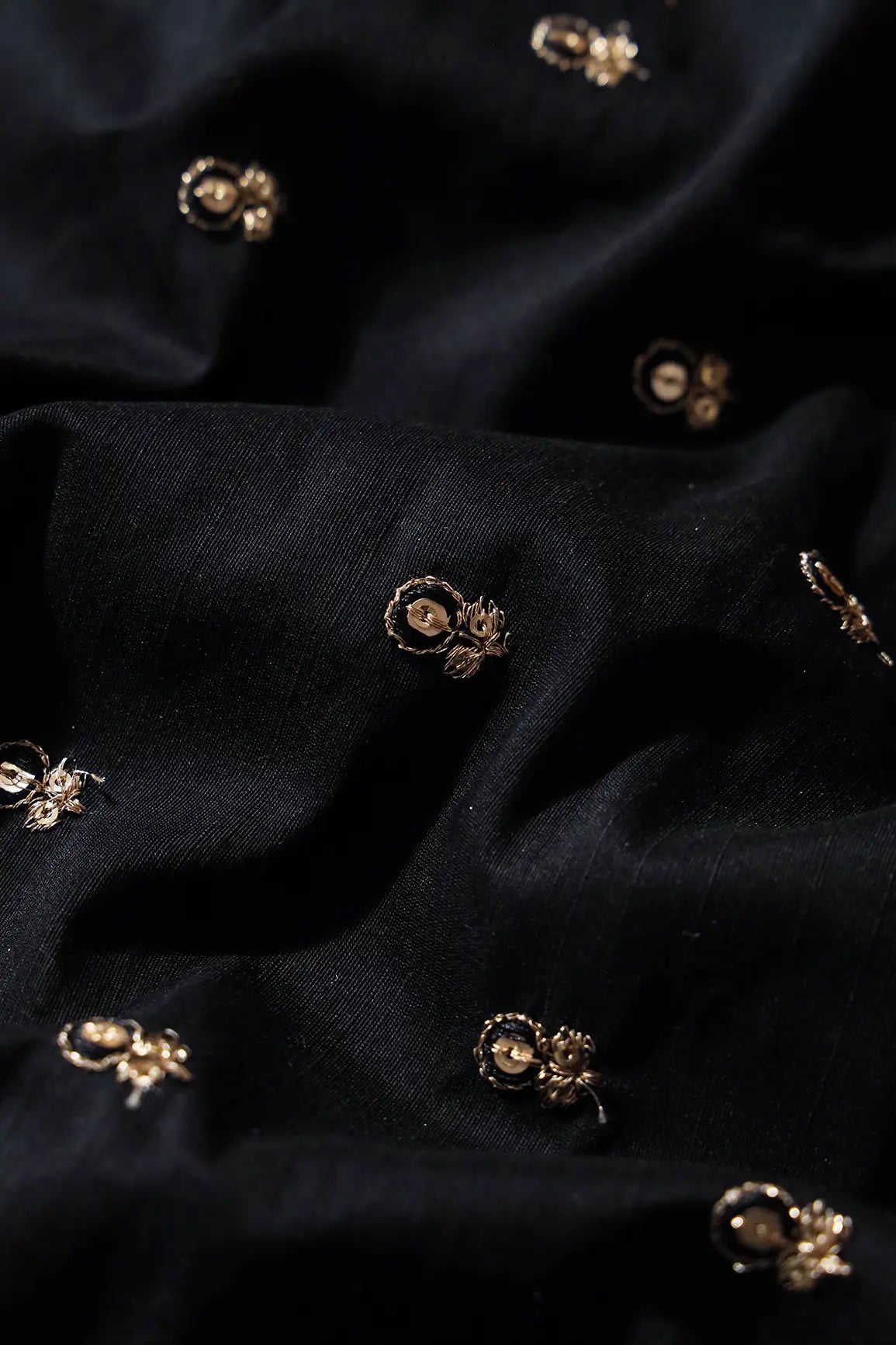 Black Thread With Gold Sequins Small Floral Booti Embroidery On Black Raw Silk Fabric