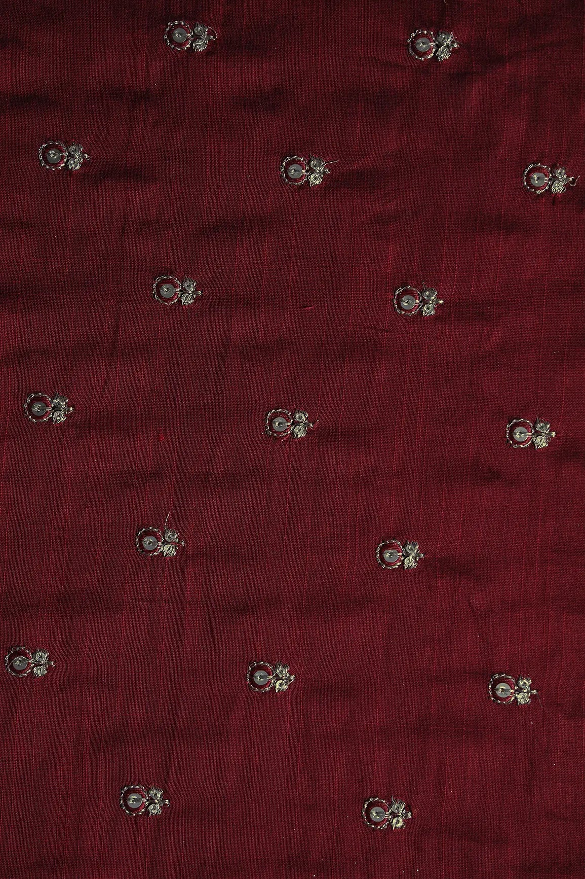 Maroon Thread With Gold Sequins Small Floral Booti Embroidery On Maroon Raw Silk Fabric