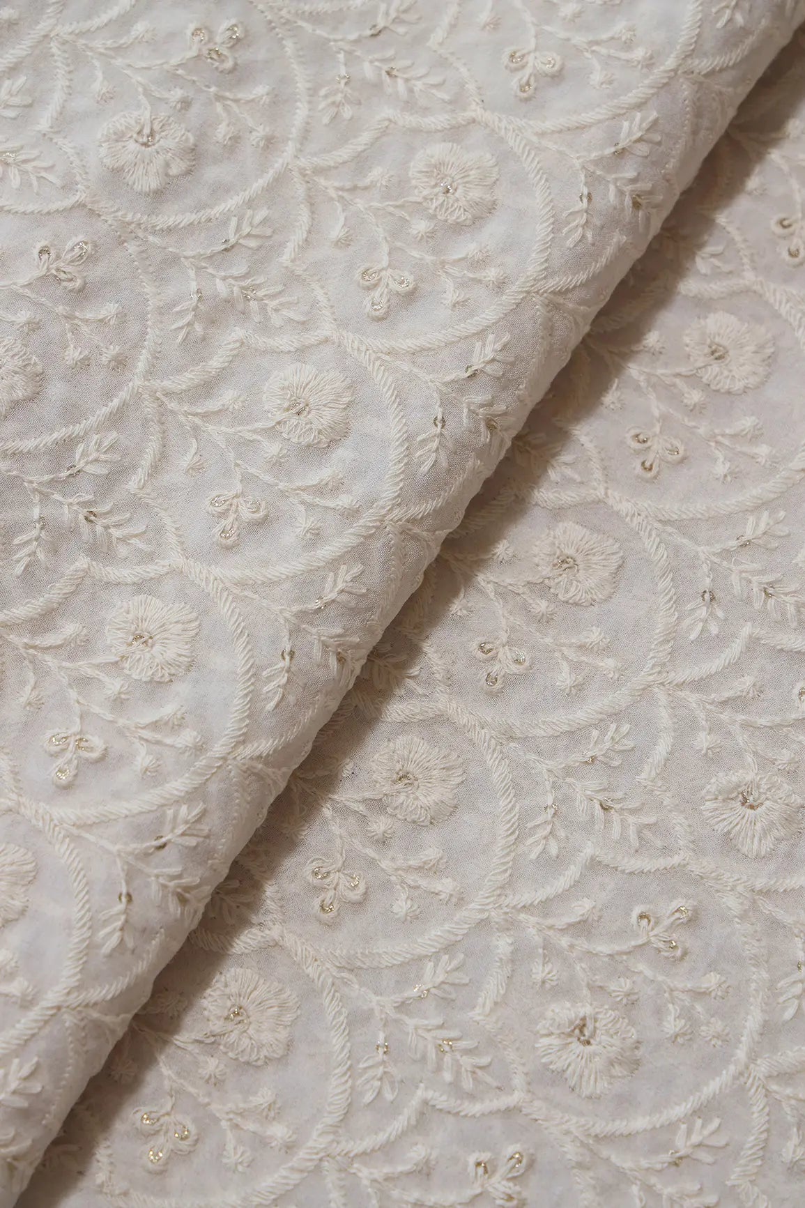 White Thread With Gold Glitter Sequins Trellis Lucknowi Embroidery On Dyeable Viscose Georgette Fabric