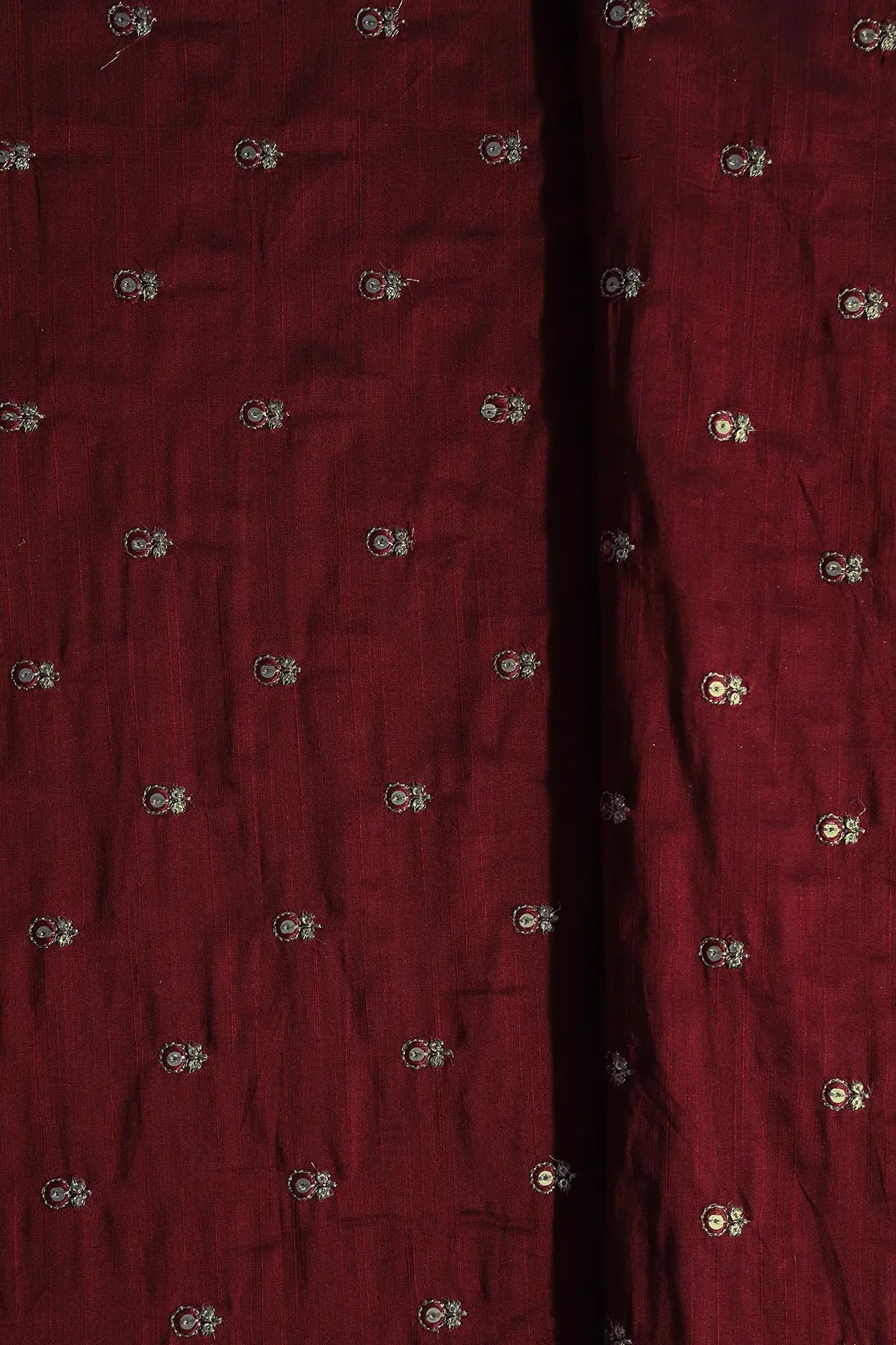 Maroon Thread With Gold Sequins Small Floral Booti Embroidery On Maroon Raw Silk Fabric