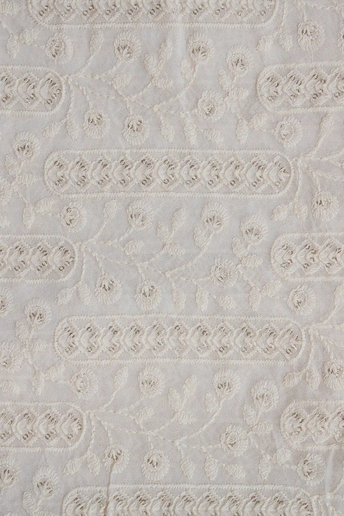 White Thread With Gold Glitter Sequins Floral Lucknowi Embroidery On Dyeable Viscose Georgette Fabric