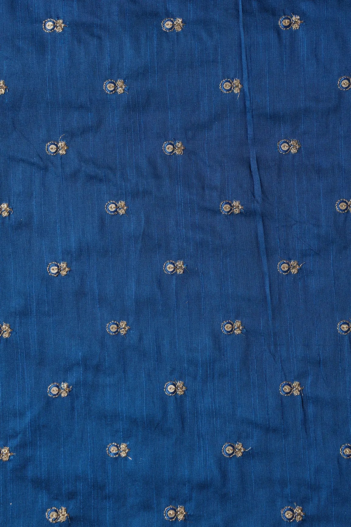 Blue Thread With Gold Sequins Small Floral Booti Embroidery On Royal Blue Raw Silk Fabric