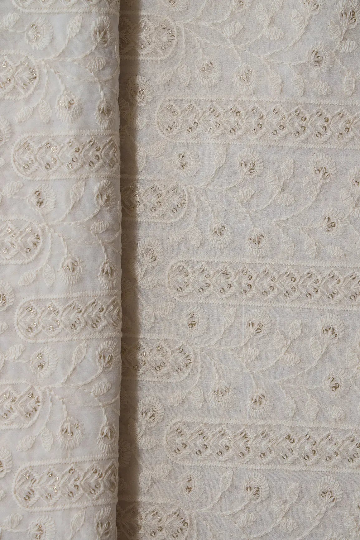 White Thread With Gold Glitter Sequins Floral Lucknowi Embroidery On Dyeable Viscose Georgette Fabric