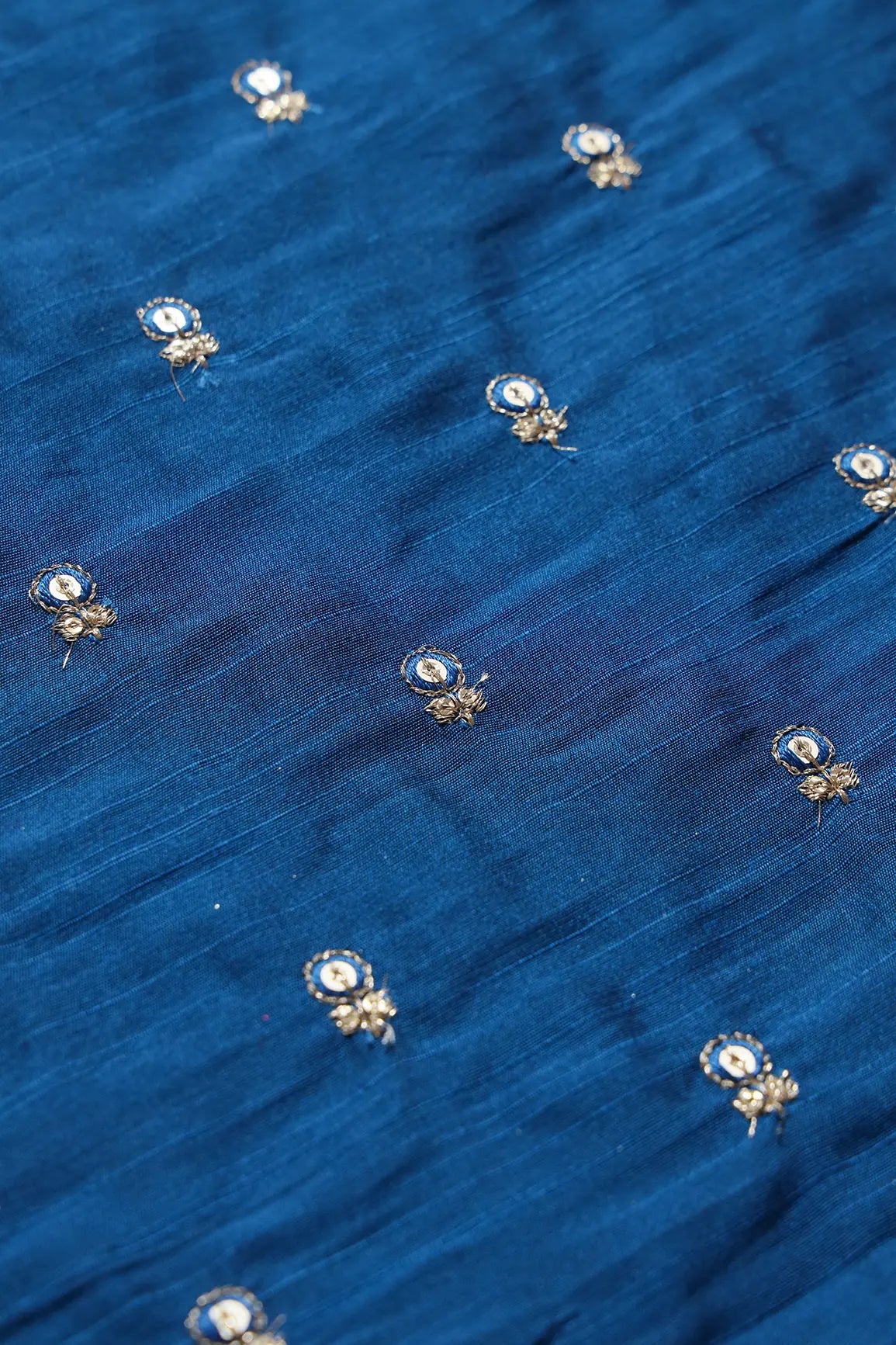 Blue Thread With Gold Sequins Small Floral Booti Embroidery On Royal Blue Raw Silk Fabric