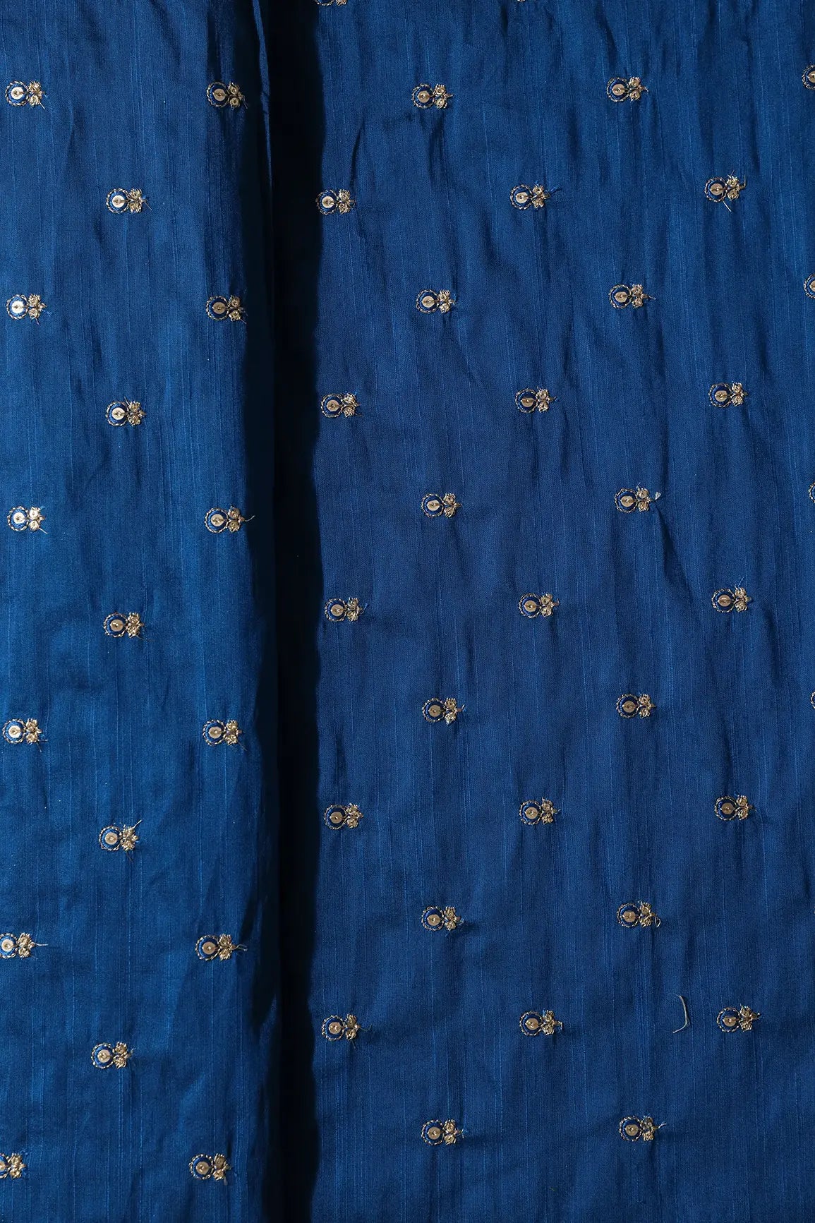 Blue Thread With Gold Sequins Small Floral Booti Embroidery On Royal Blue Raw Silk Fabric