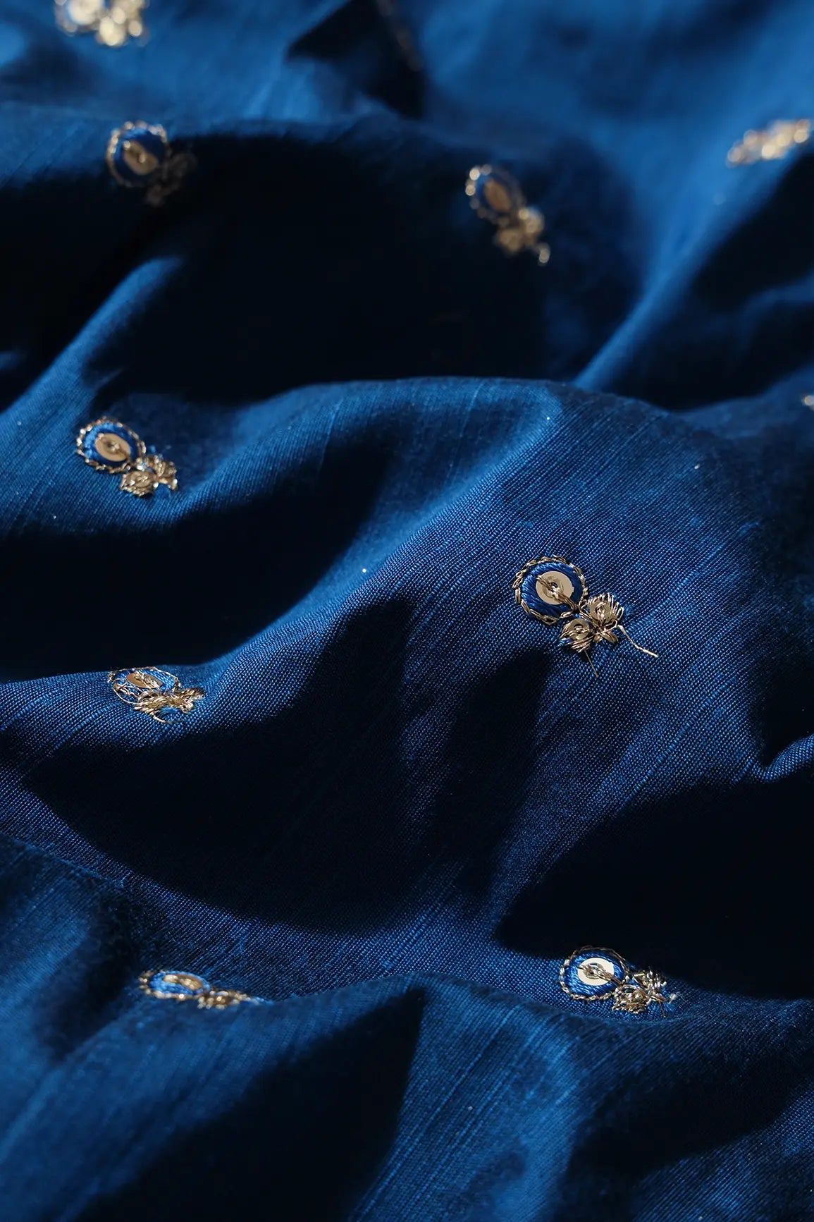 Blue Thread With Gold Sequins Small Floral Booti Embroidery On Royal Blue Raw Silk Fabric