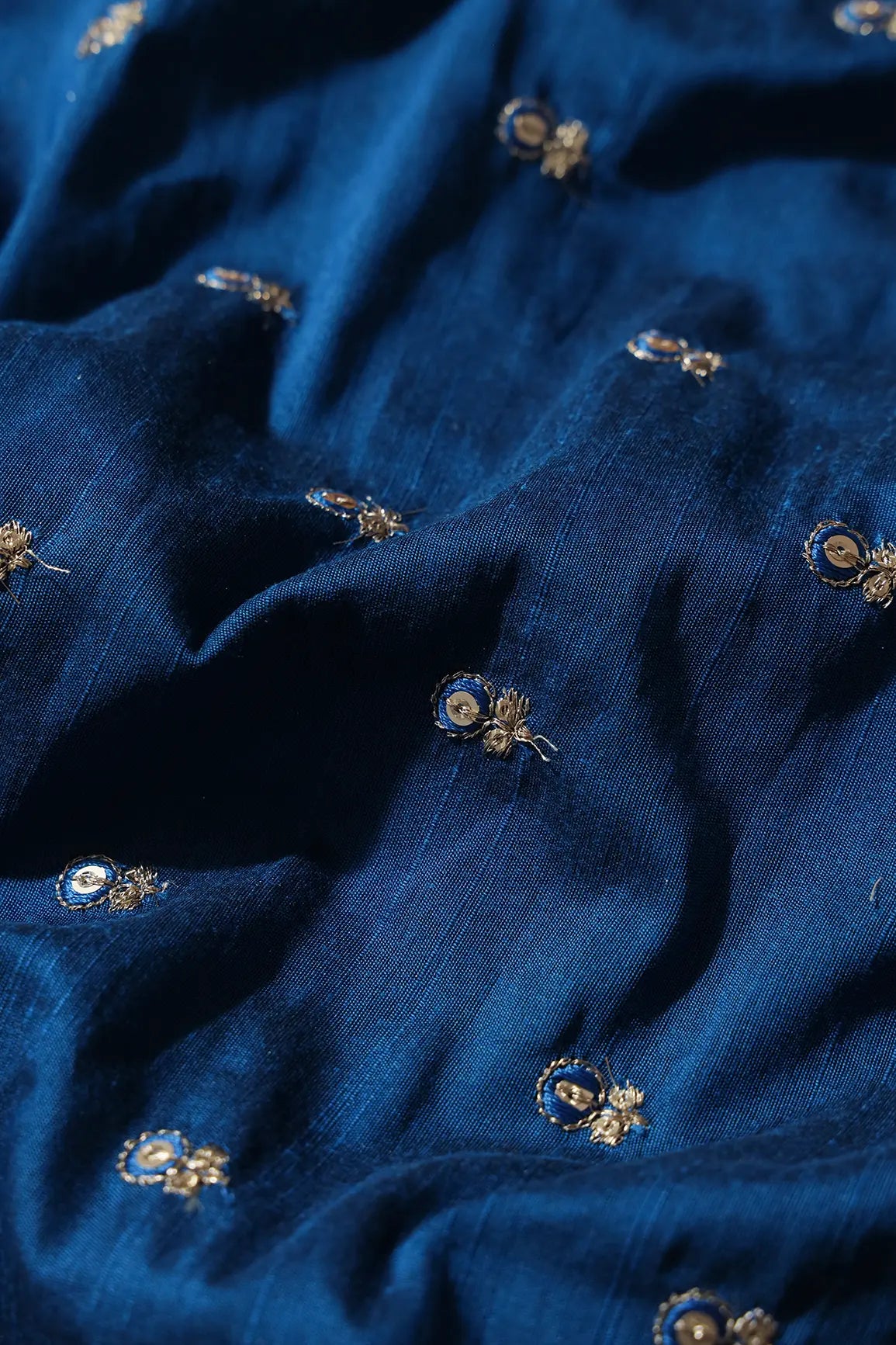 Blue Thread With Gold Sequins Small Floral Booti Embroidery On Royal Blue Raw Silk Fabric