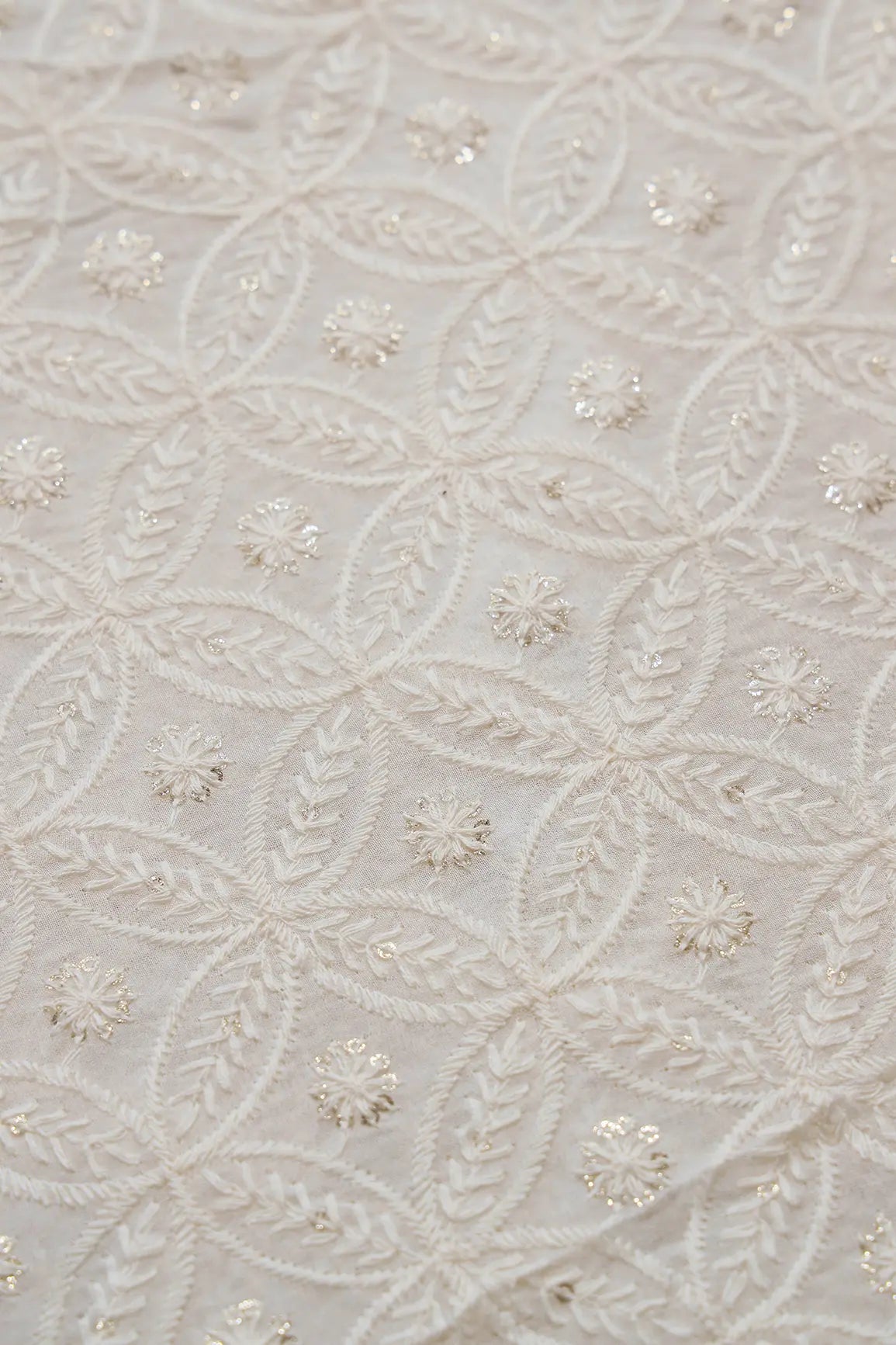 White Thread With Gold Glitter Sequins Geometric Lucknowi Embroidery On Dyeable Viscose Georgette Fabric