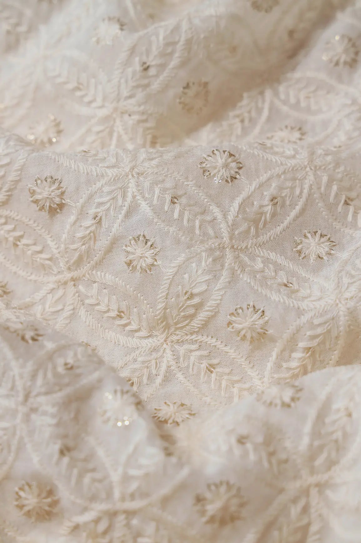 White Thread With Gold Glitter Sequins Geometric Lucknowi Embroidery On Dyeable Viscose Georgette Fabric