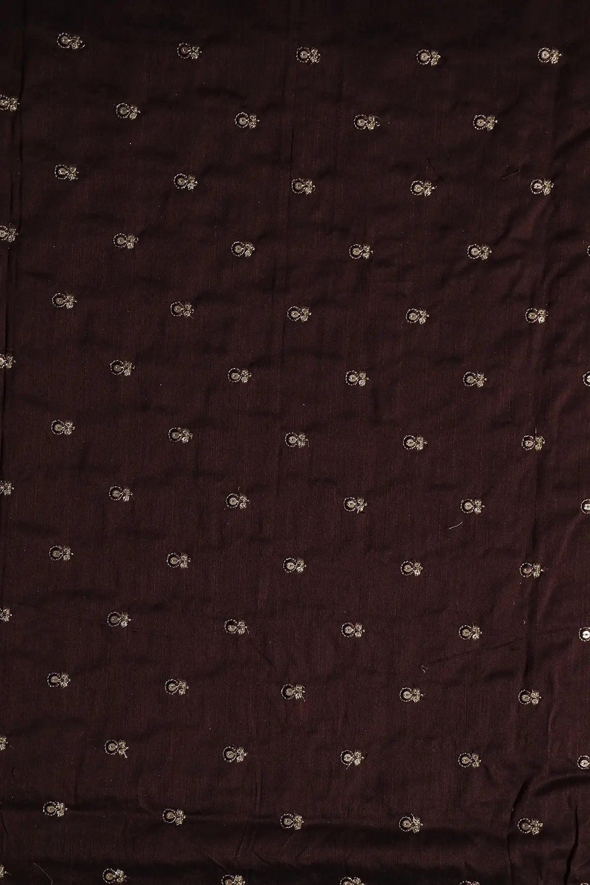 Brown Thread With Gold Sequins Small Floral Booti Embroidery On Brown Raw Silk Fabric