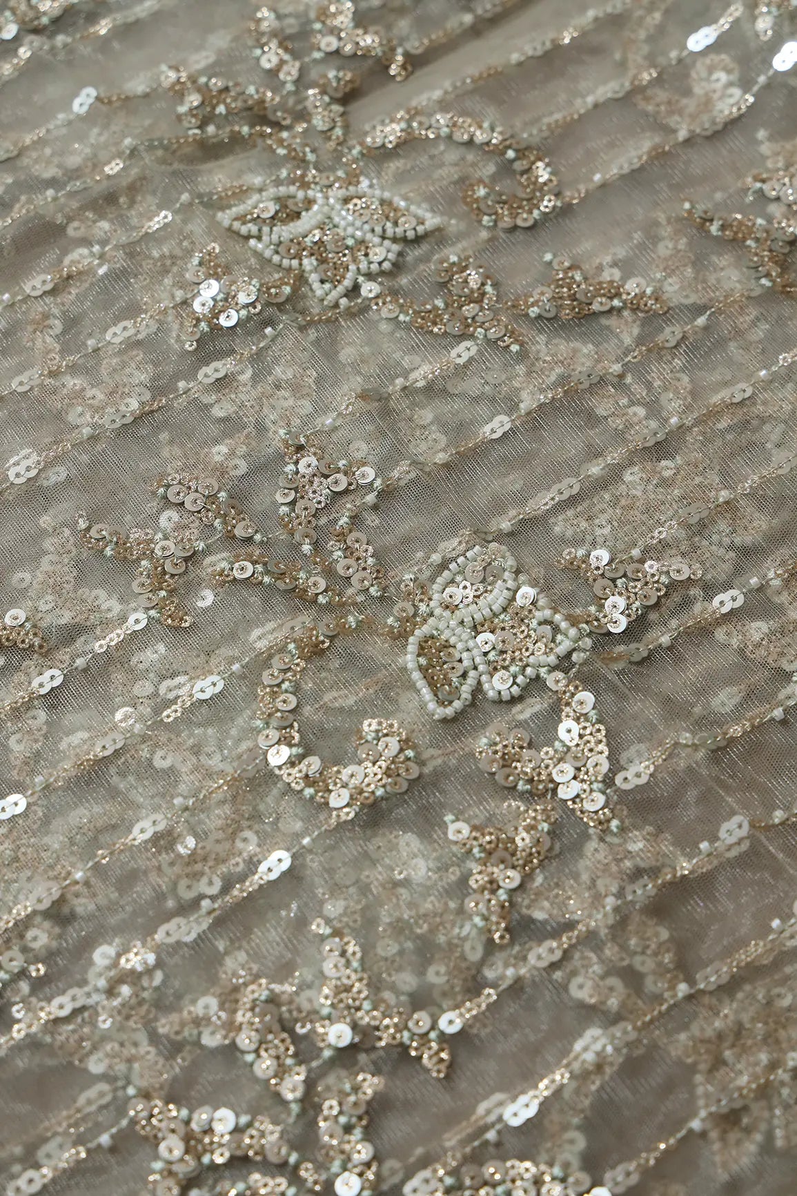 1 Meter Cut Piece Of Gold Sequins With Beads Work Embroidery On Olive Soft Net Fabric