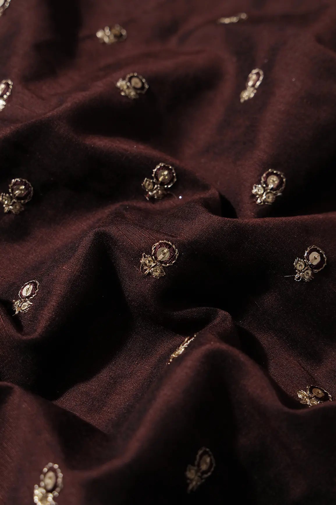 Brown Thread With Gold Sequins Small Floral Booti Embroidery On Brown Raw Silk Fabric