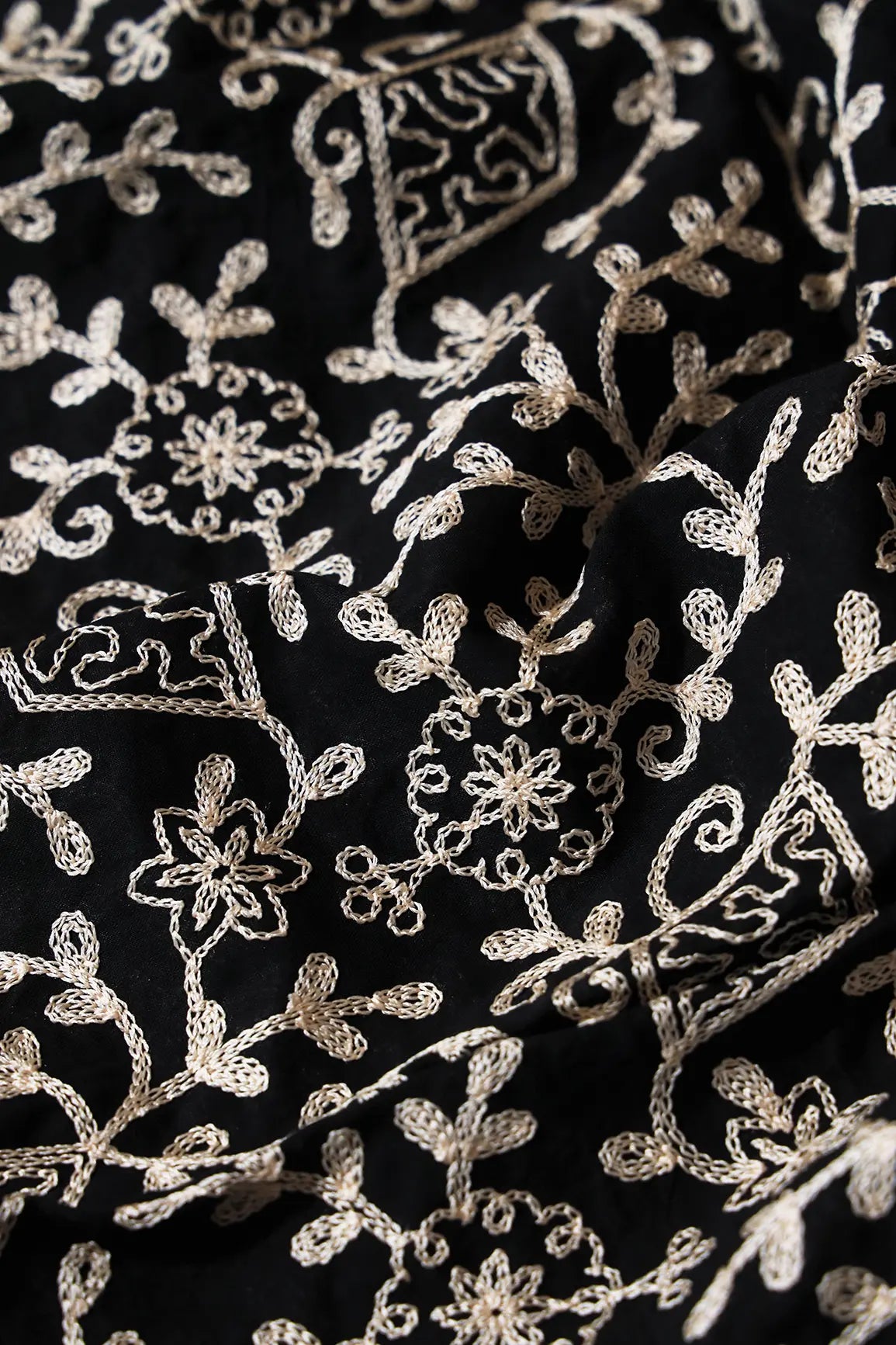 2 Meter Cut Piece Of Cream Thread Floral Embroidery Work On Black Cotton Fabric