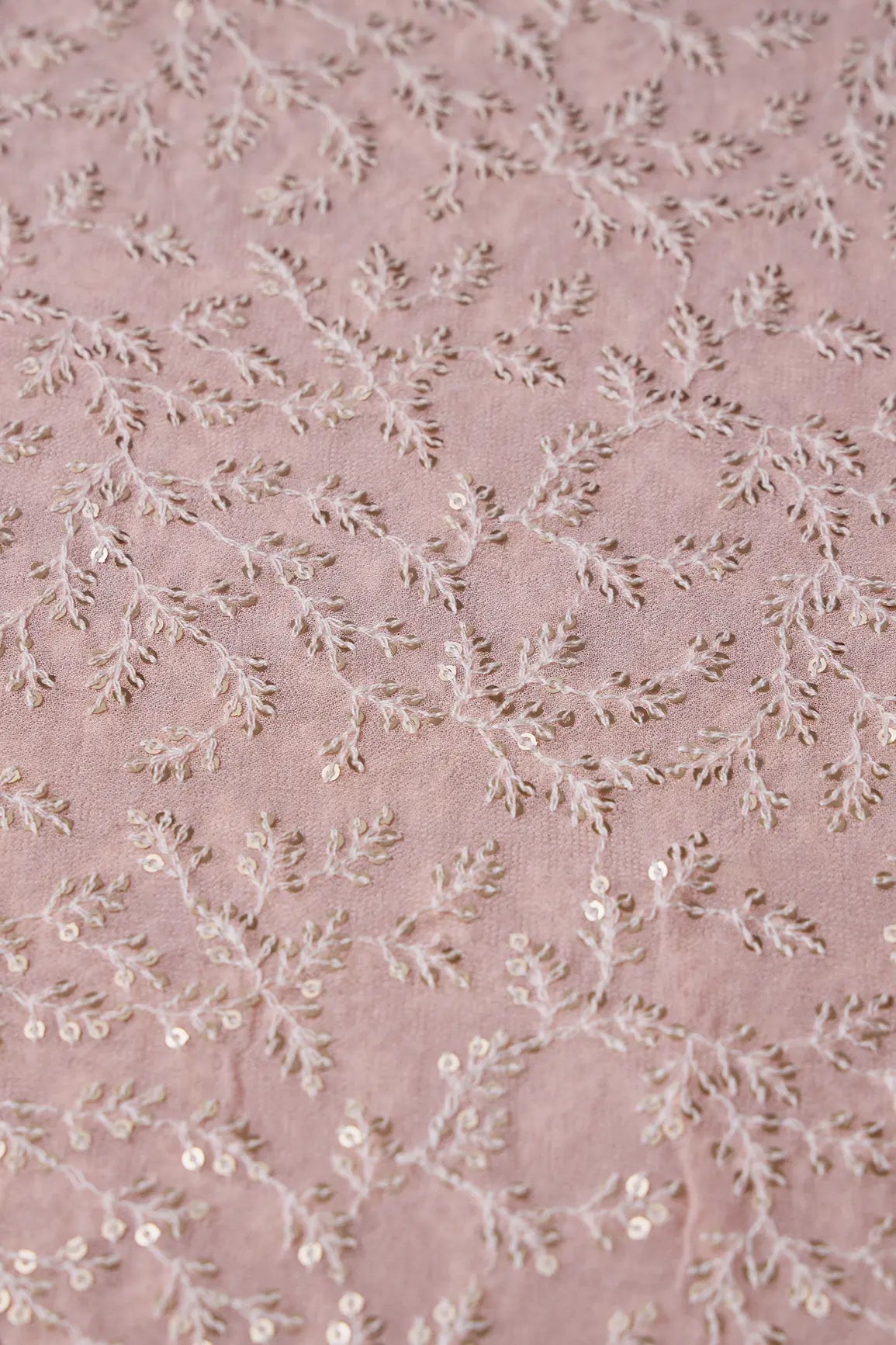 1.90 Meter Cut Piece Of White Thread With Gold Sequins Leafy Embroidery On Peach Georgette Fabric