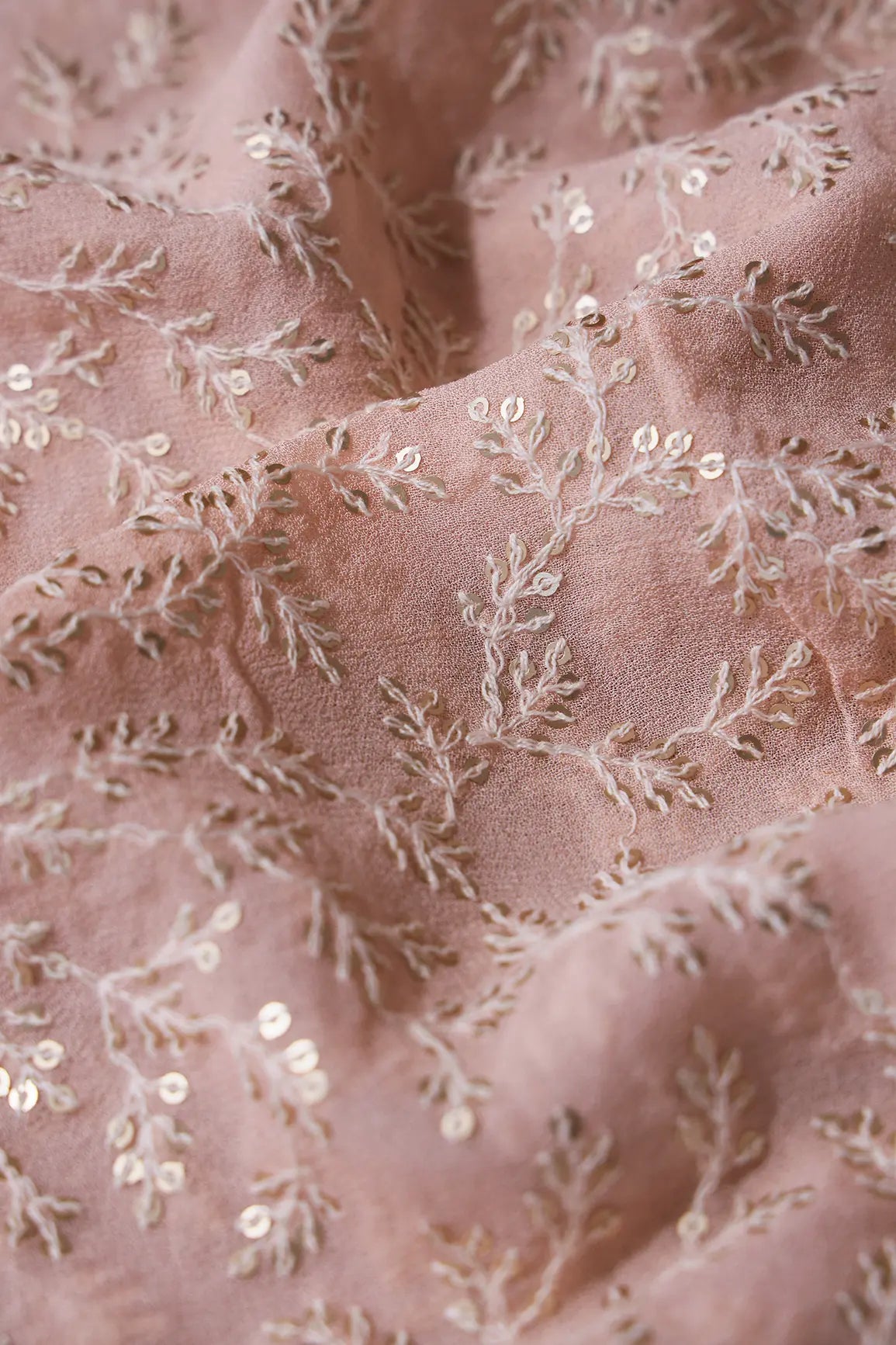 1.90 Meter Cut Piece Of White Thread With Gold Sequins Leafy Embroidery On Peach Georgette Fabric