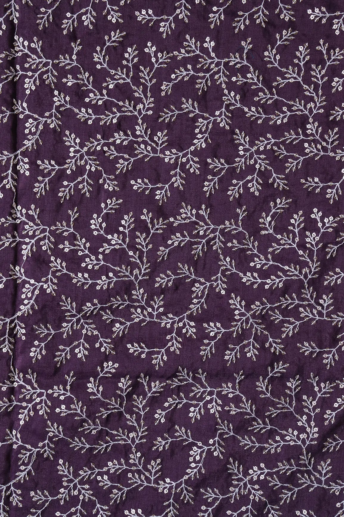 1.80 Meter Cut Piece Of White Thread With Gold Sequins Leafy Embroidery On Viola Purple Muslin Silk Fabric