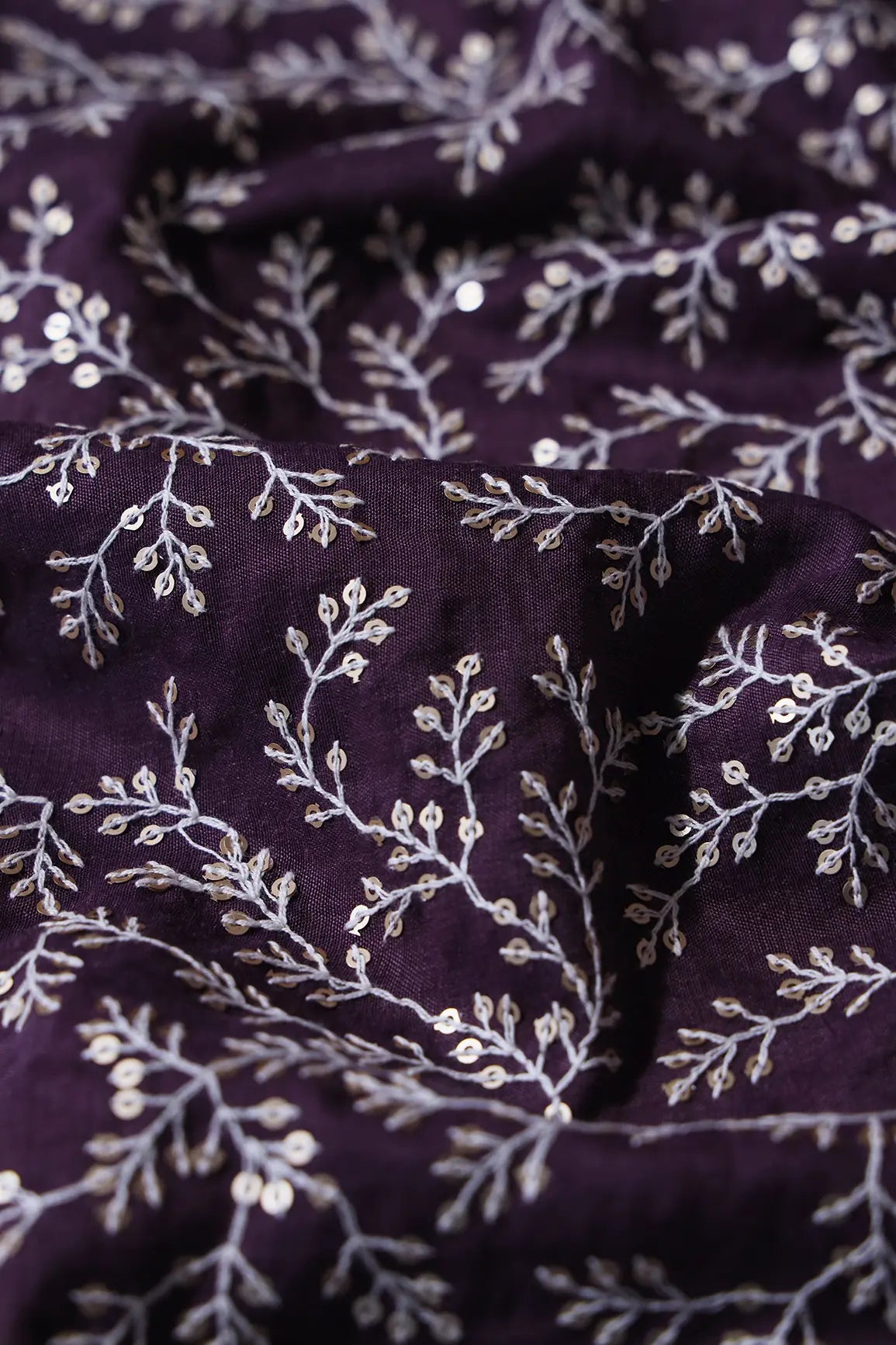 1.80 Meter Cut Piece Of White Thread With Gold Sequins Leafy Embroidery On Viola Purple Muslin Silk Fabric