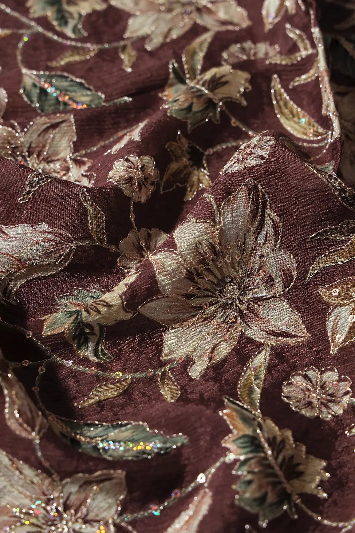 1 Meter Cut Piece Of Floral Position Print On Sequins Embroidery Brown Viscose Chinnon Chiffon Fabric