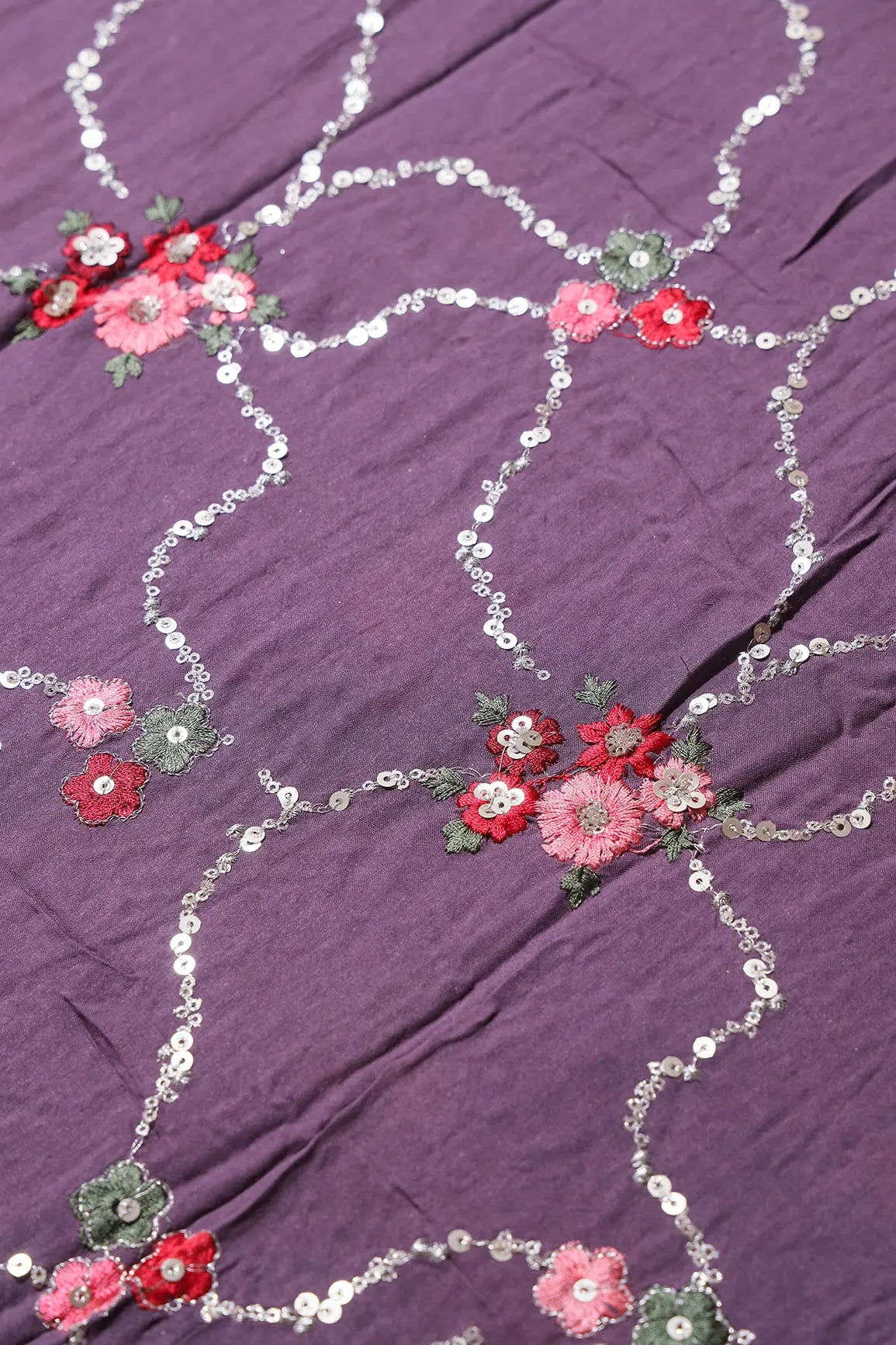 1.90 Meter Cut Piece Of Gold Sequins And Multi Thread Floral Embroidery On Viola Purple Muslin Silk Fabric