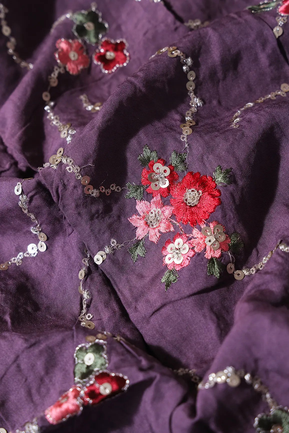 1.90 Meter Cut Piece Of Gold Sequins And Multi Thread Floral Embroidery On Viola Purple Muslin Silk Fabric