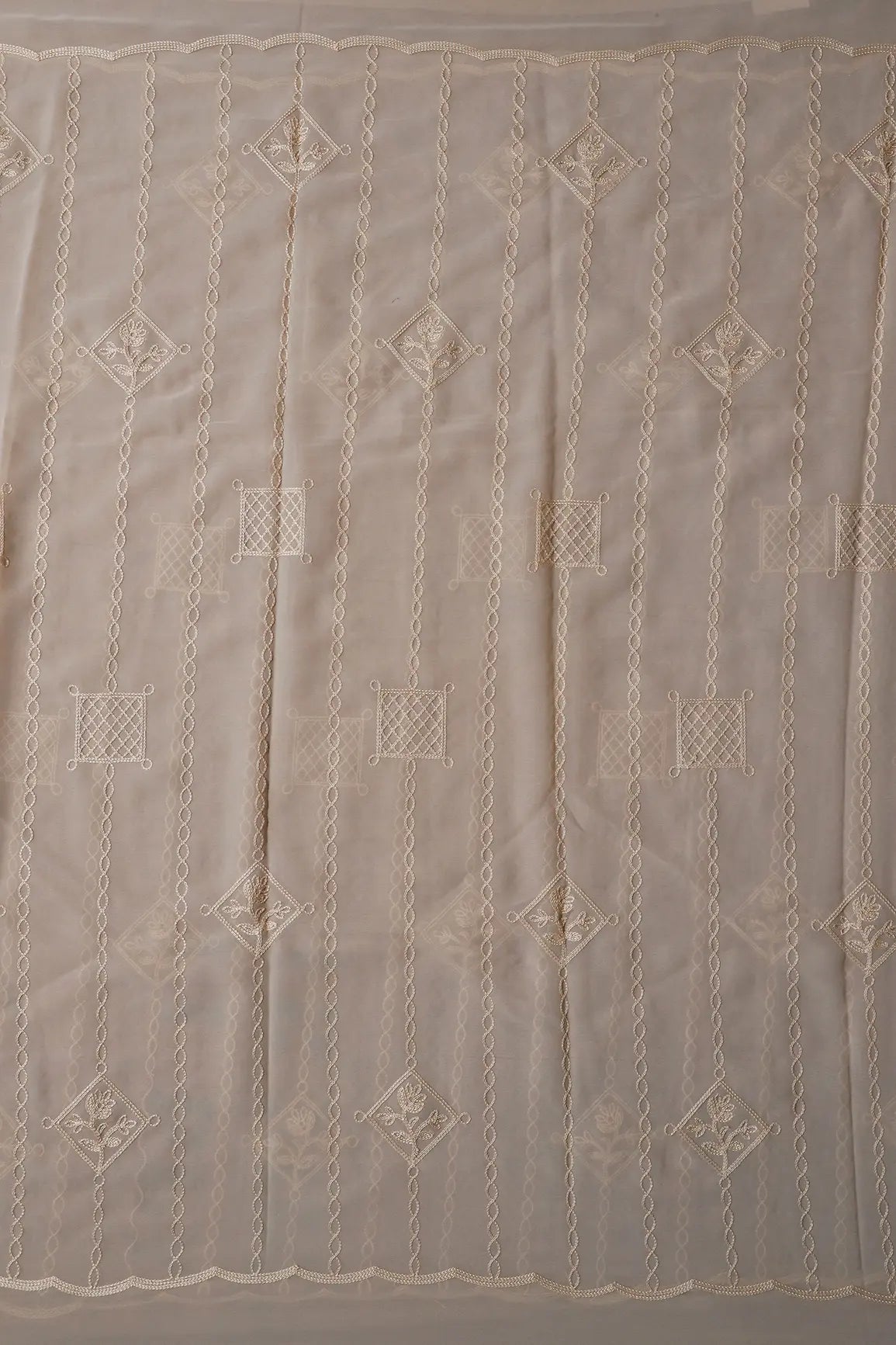 2.25 Meter Cut Piece Of Beige Thread Stripes Embroidery On Light Beige Georgette Fabric