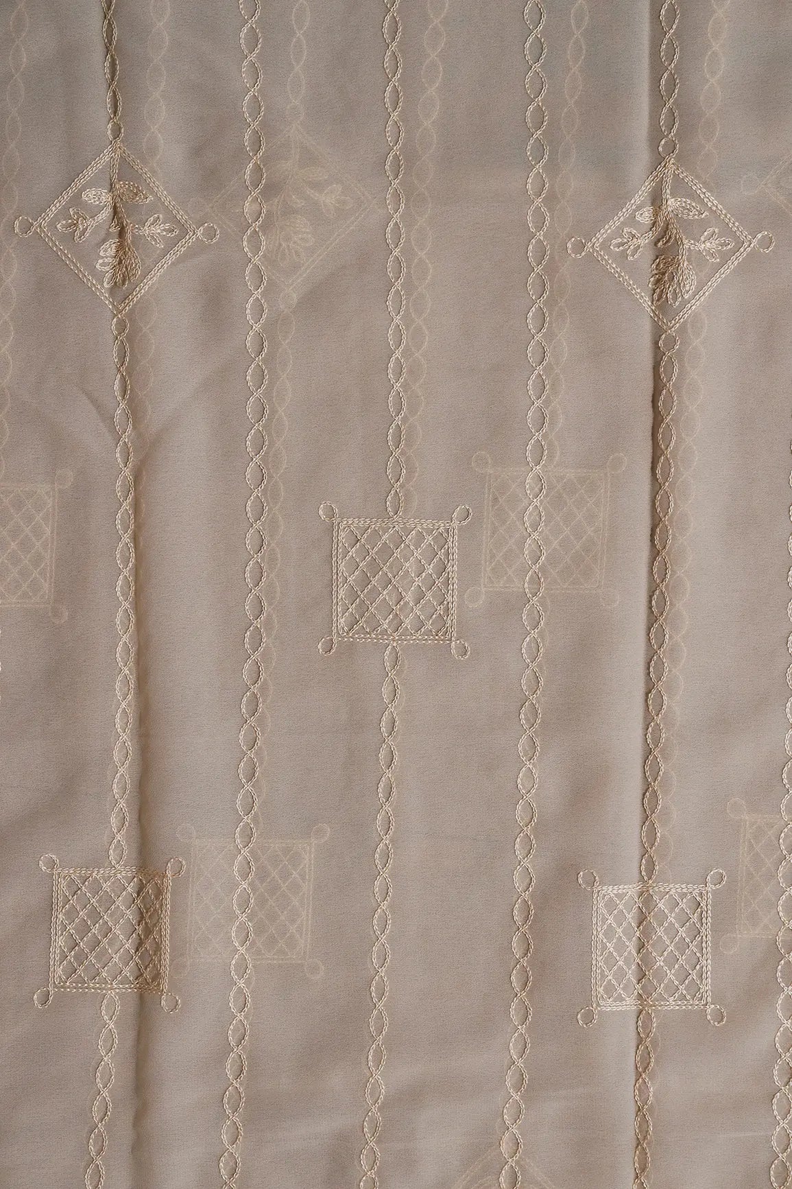 2.25 Meter Cut Piece Of Beige Thread Stripes Embroidery On Light Beige Georgette Fabric