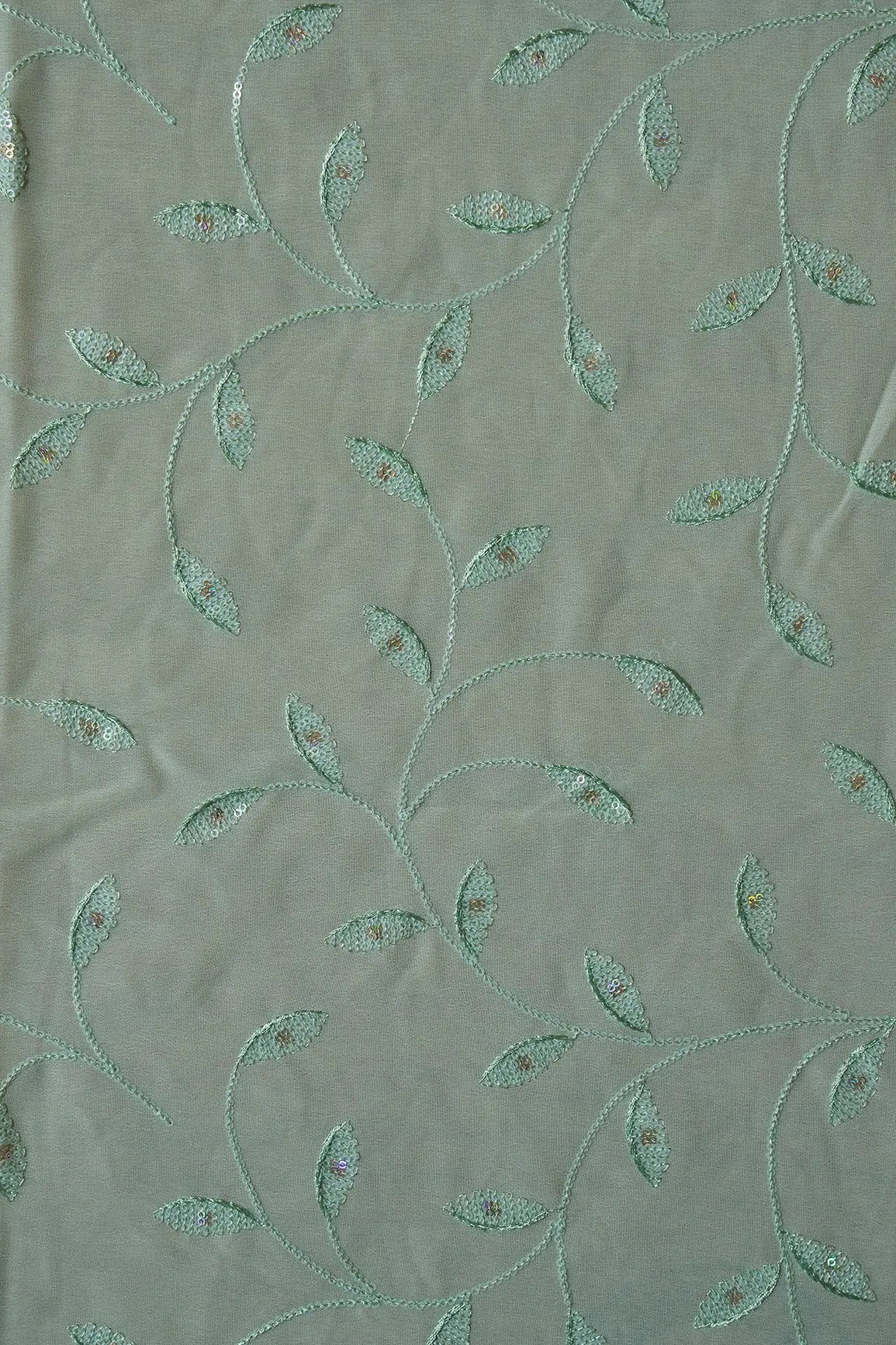 2 Meter Cut Piece Of Rainbow Sequins Leafy Embroidery On Pista Green Georgette Fabric