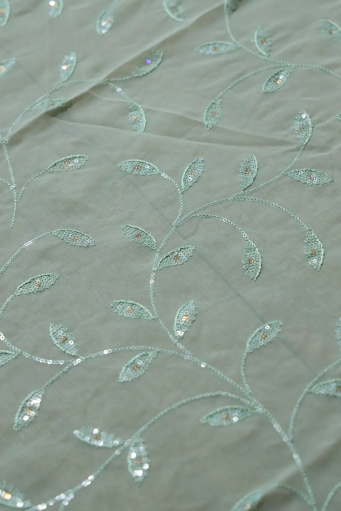 2 Meter Cut Piece Of Rainbow Sequins Leafy Embroidery On Pista Green Georgette Fabric