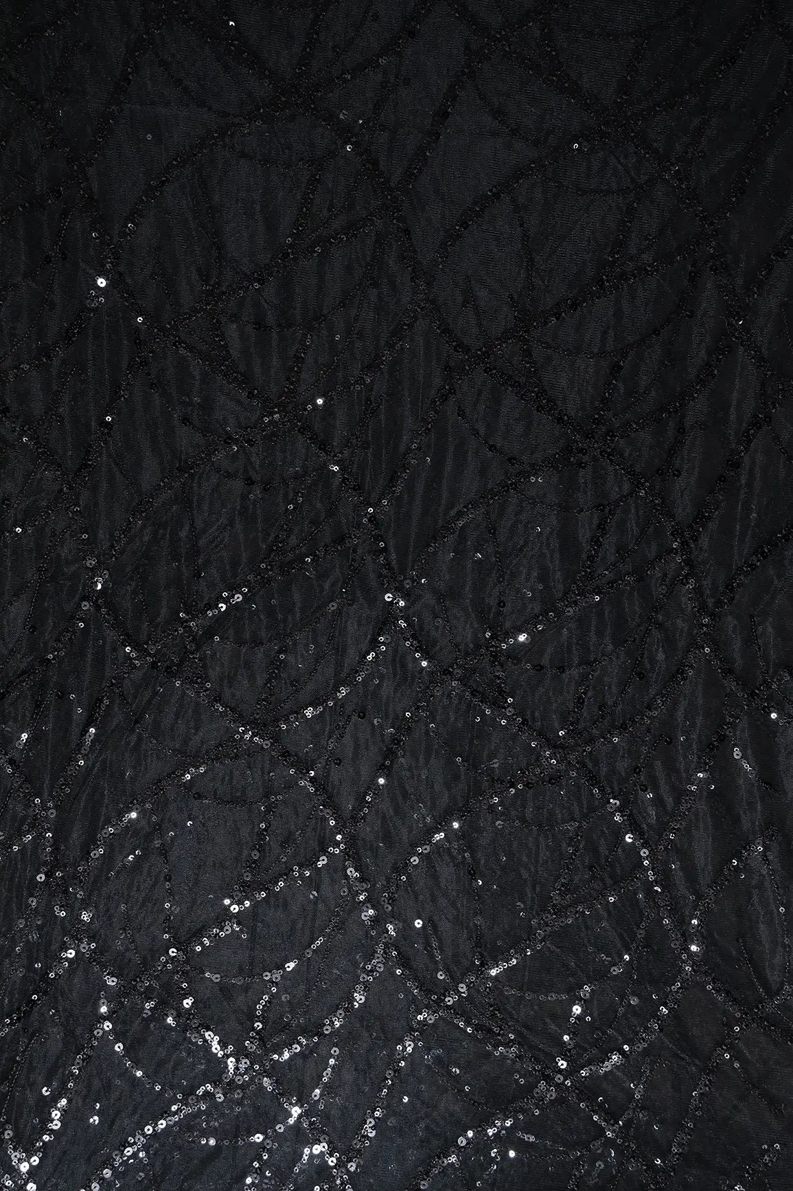 2 Meter Cut Piece Of Black Sequins Work Embroidery On Black Soft Net Fabric