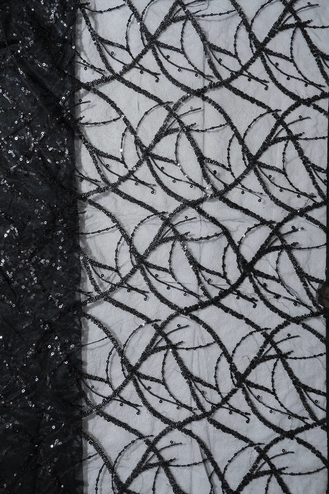 2 Meter Cut Piece Of Black Sequins Work Embroidery On Black Soft Net Fabric