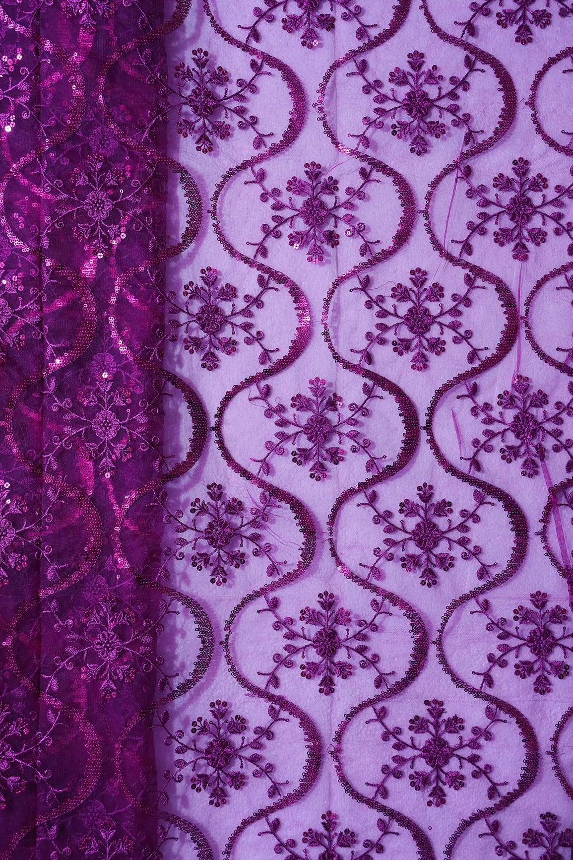 1.75 Meter Cut Piece Of Purple Sequins Work Floral Embroidery On Purple Soft Net Fabric