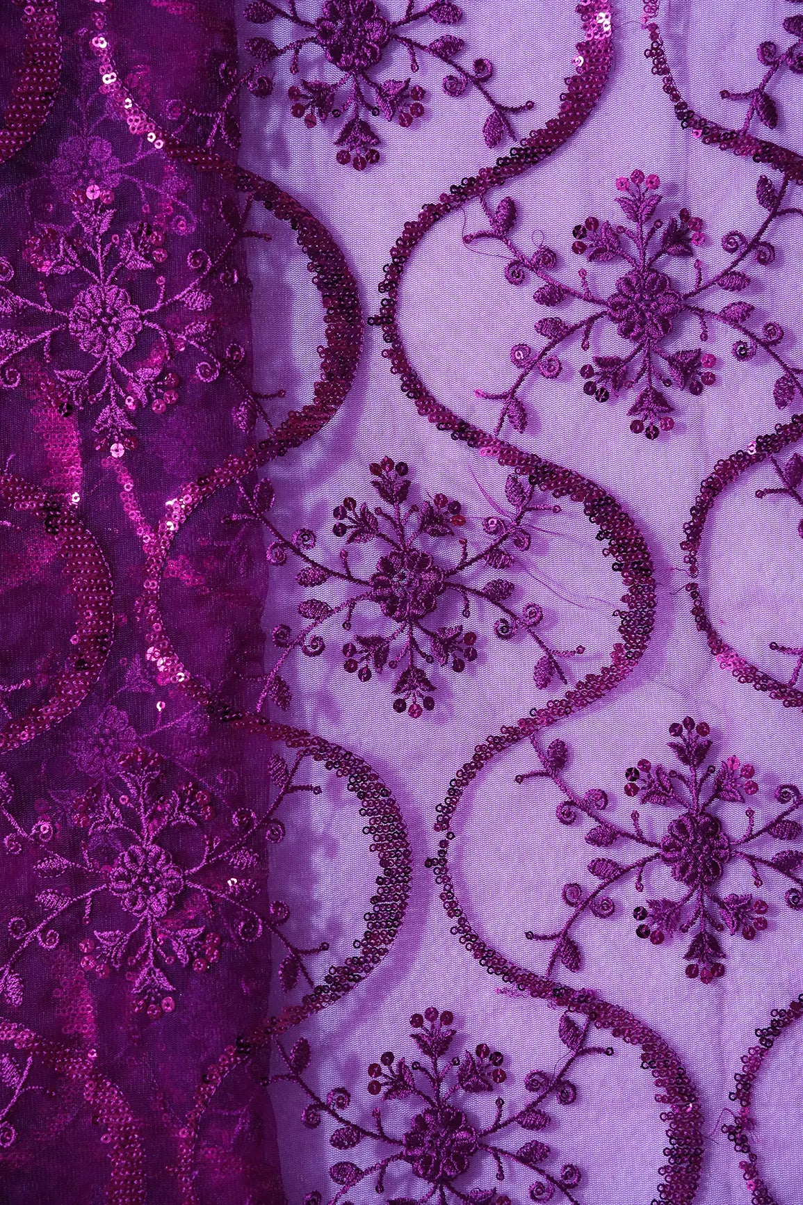 1.75 Meter Cut Piece Of Purple Sequins Work Floral Embroidery On Purple Soft Net Fabric