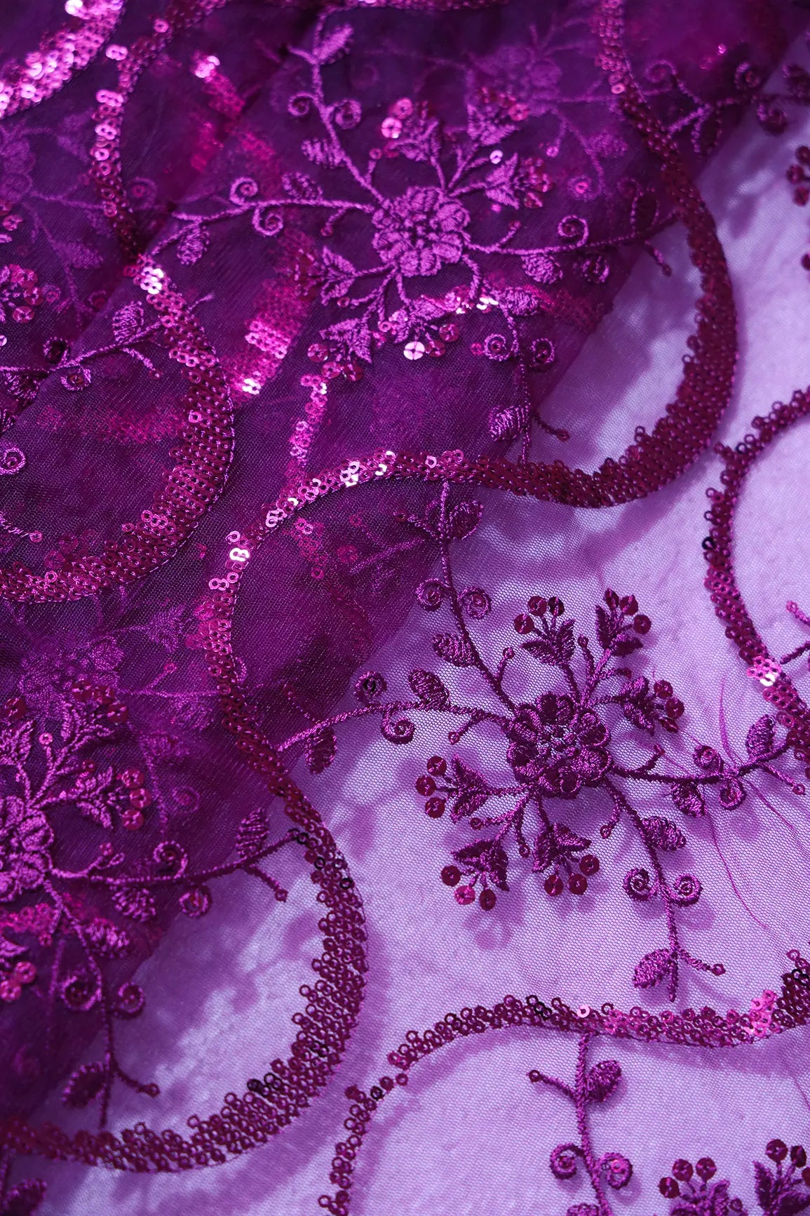 1.75 Meter Cut Piece Of Purple Sequins Work Floral Embroidery On Purple Soft Net Fabric