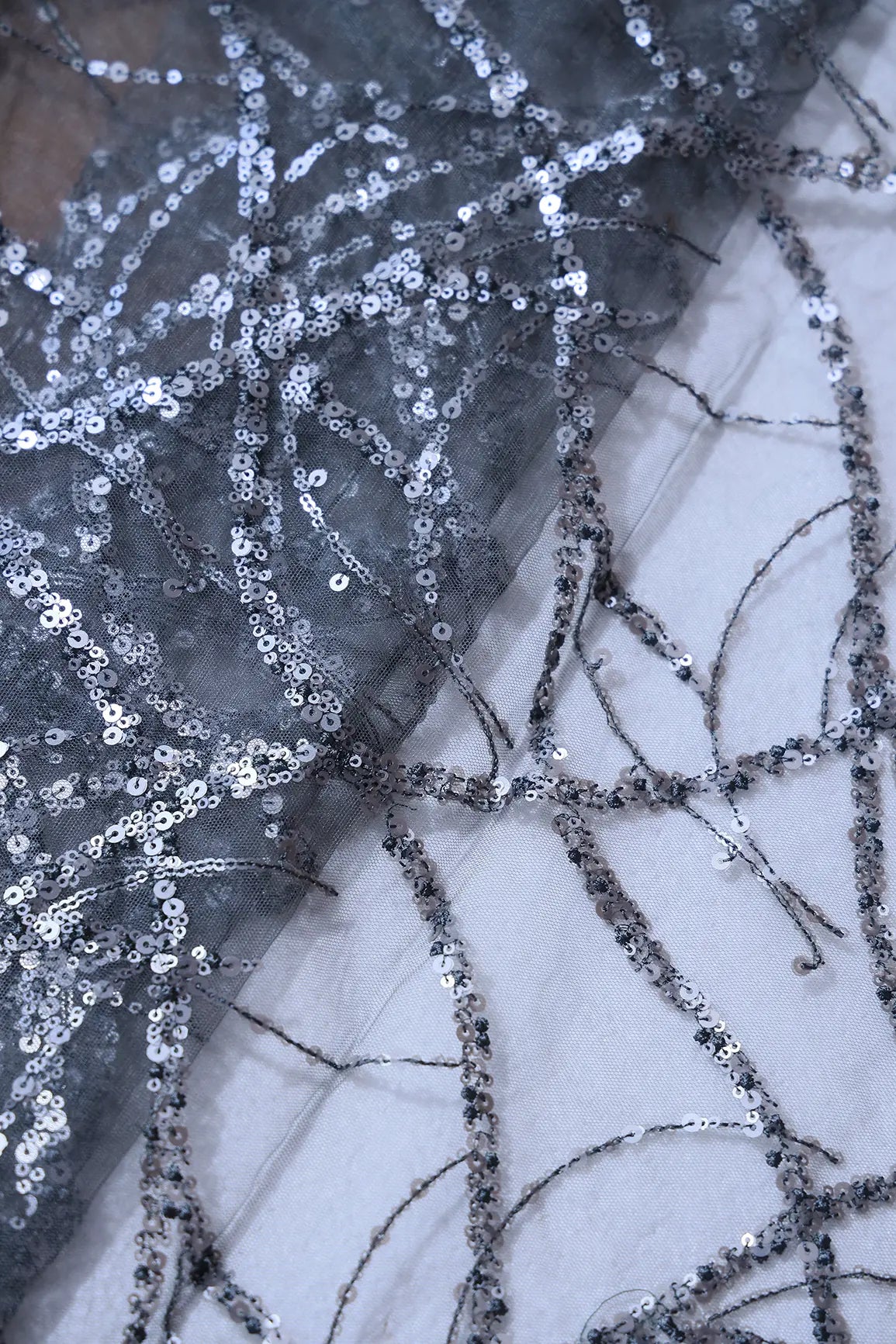 1.75 Meter Cut Piece Of Grey Sequins Work Embroidery On Dark Grey Soft Net Fabric